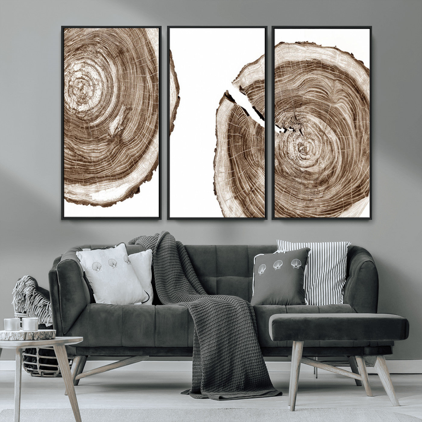 MGV-FC-48X32-3P - Wood Tree Ring Wall Art Canvas Prints, Tree Rings – Minimalist Black and White Wood Art | Triptych