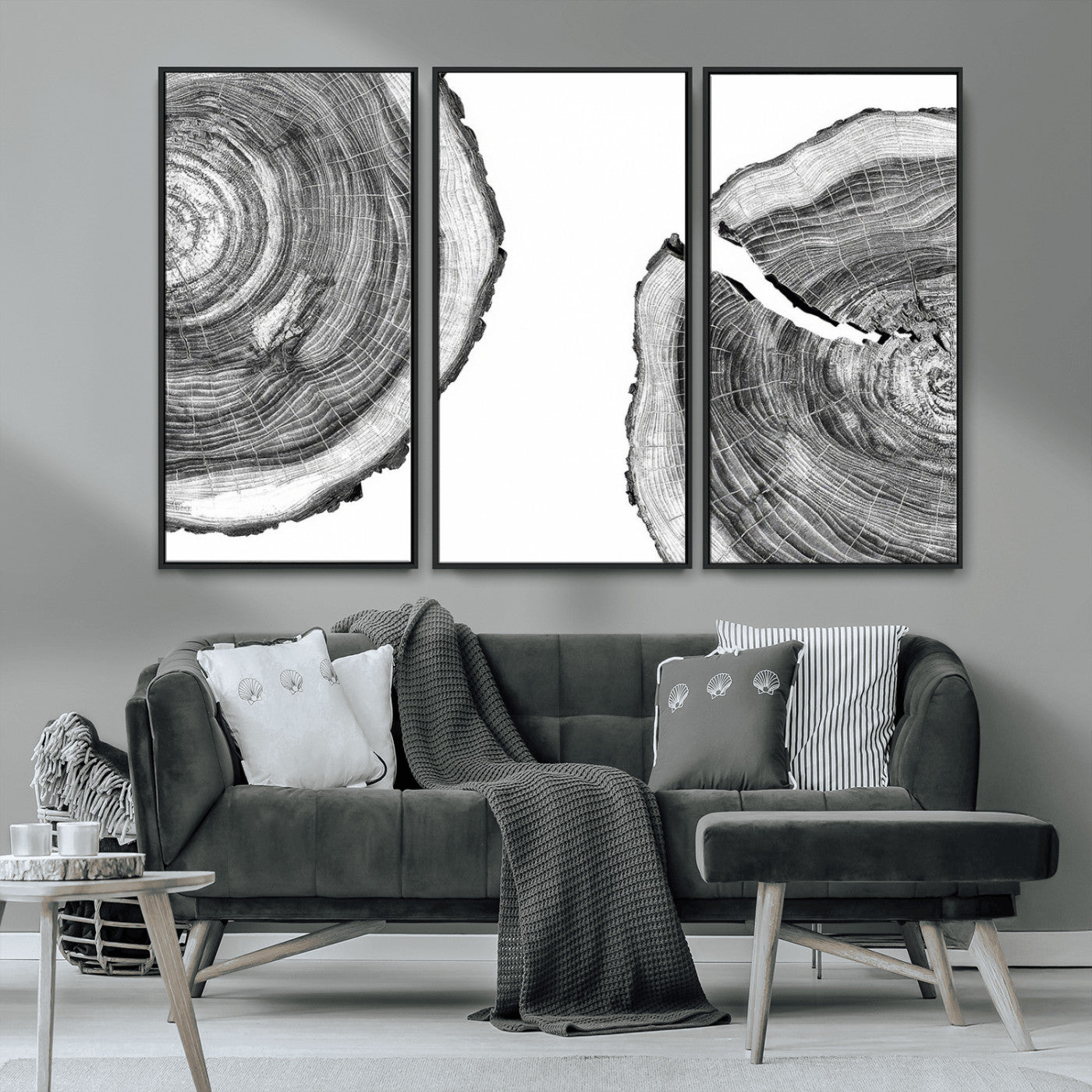 MGV-FC-48X32-3P - Abstract Large Tree Rings – Minimalist Black and White Wood Art | Triptych Canvas, Modern Wall Decor