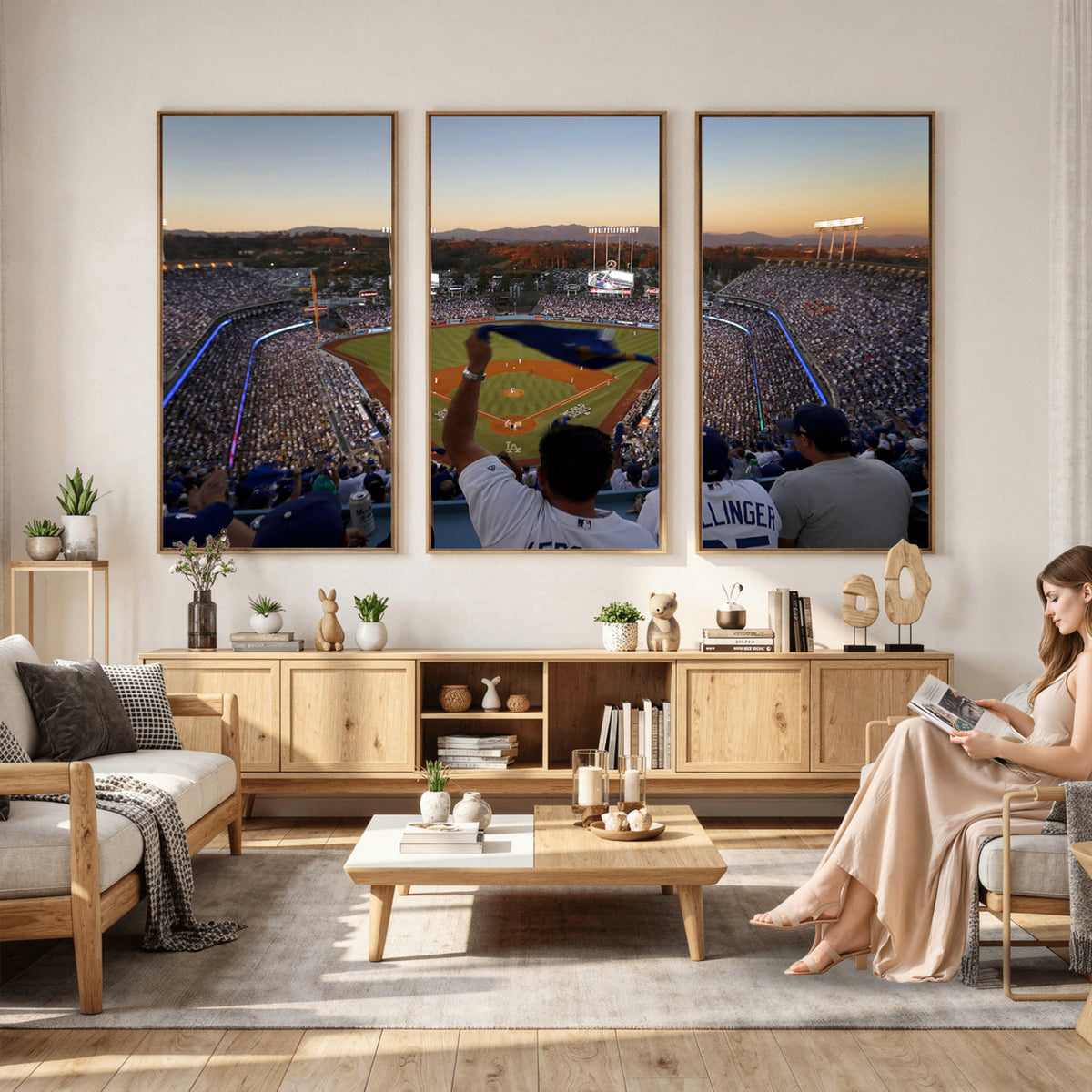 60162-MGV-CV-36X24 - Dodger Stadium Sunset Game Triple Canvas Wall Art, Los Angeles Dodgers MLB Match
