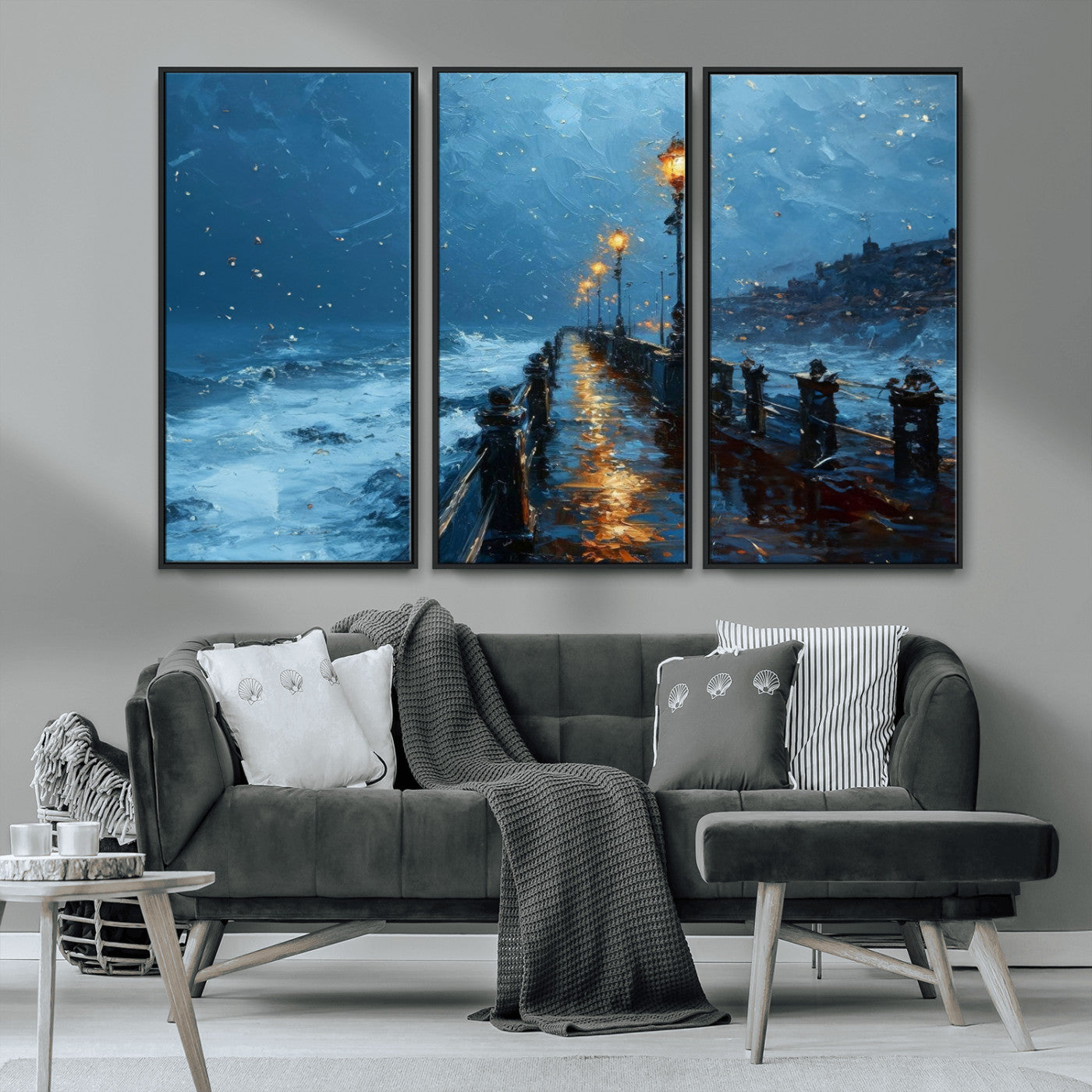 MGV-FC-48X32-3P - Stormy Night at Beach Pier Oil Painting Large Wall Art Print, Framed Canvas Nature Wall Decor,