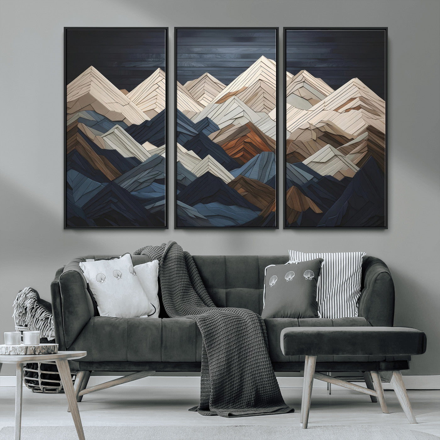 MGV-FC-48X32-3P - Mountain Range Art Wood Style Wall Art - Ready to Hang 3-Piece Set for Modern Rustic Decor, Abstract