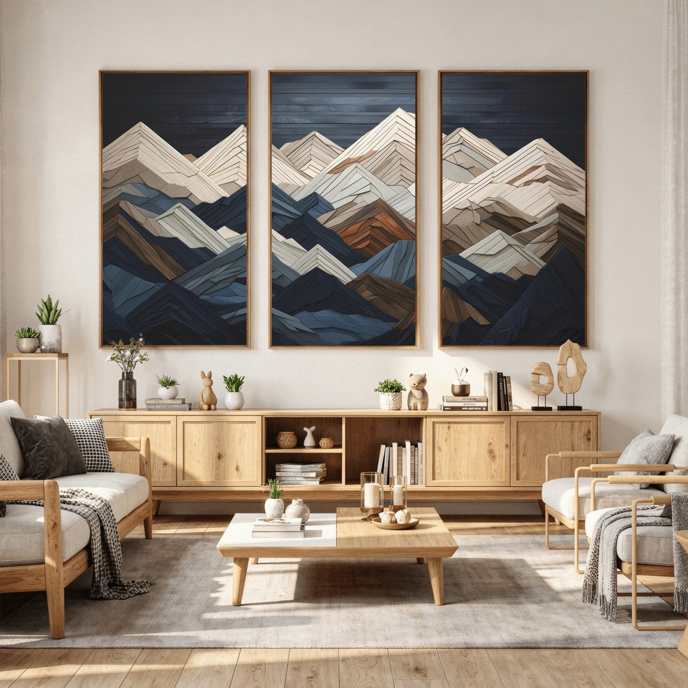 12896-MGV-CV-36X24 - Wood Mountain Range Wall Art - Ready to Hang 3-Piece Set for Modern Rustic Decor, Abstract Wooden