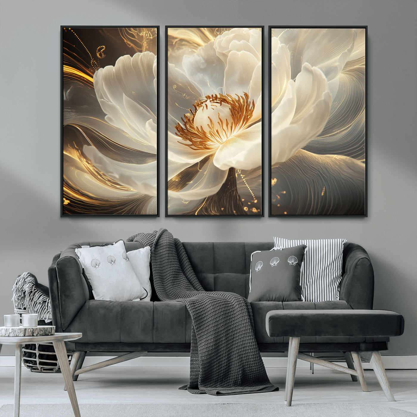 MGV-FC-48X32-3P - Gold Floral Wall Art Canvas Print, Framed Modern Flower Art Picture Print, Golden Abstract Perfect Vintage Decor Artwork