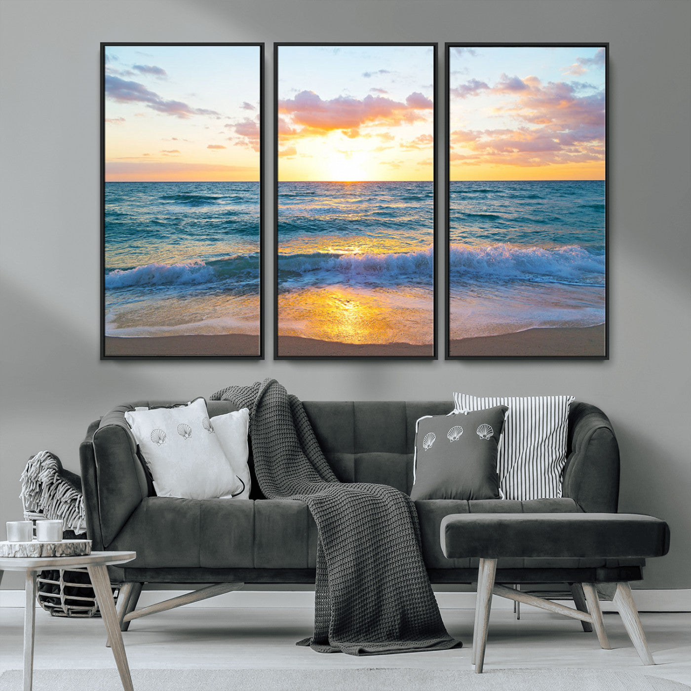 MGV-FC-48X32-3P - Golden Sunset Over Ocean Waves - Serene Coastal Triptych Wall Art for Relaxing Home Decor, Ready to