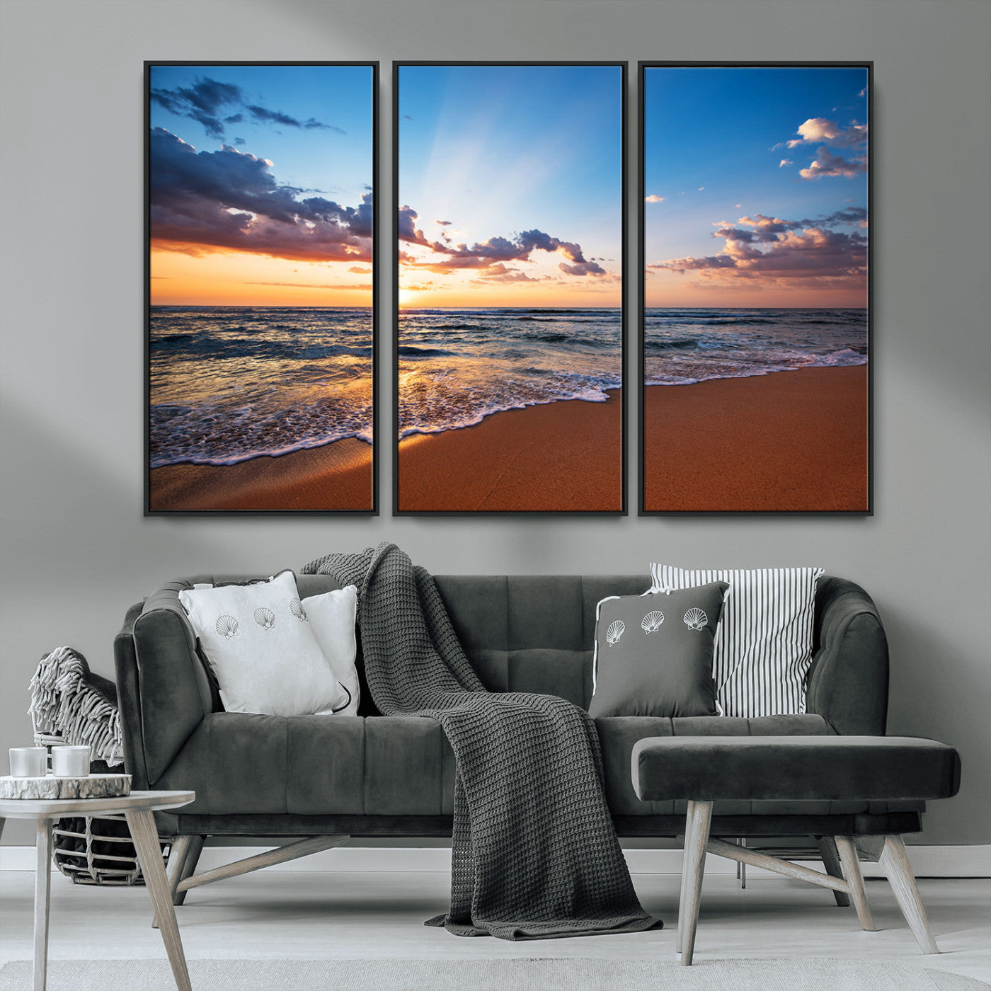 MGV-FC-48X32-3P - Golden Hour Beach Sunset Wall Art | Canvas Print | Ready to Hang | Coastal Wall Art for Living Room