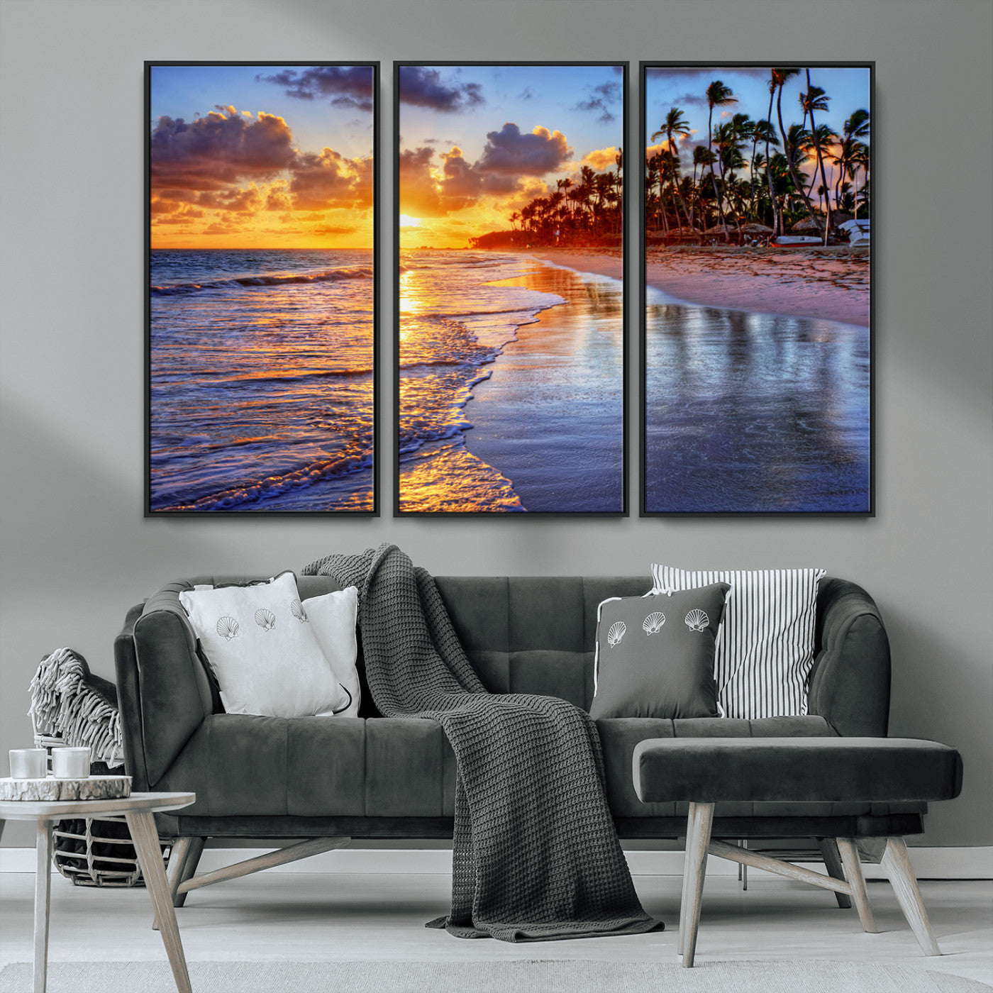 MGV-FC-48X32-3P - Serene Beach Sunset Wall Art Canvas- Coastal Seascape Print for Living Room or Bedroom, Ocean Waves