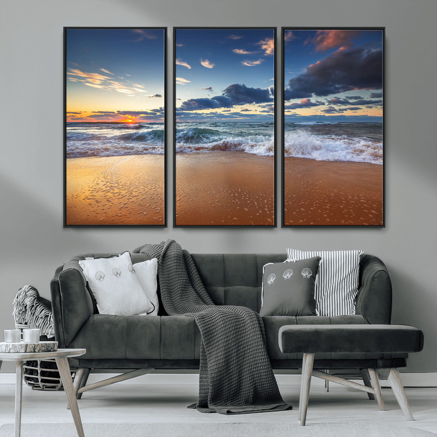 MGV-FC-48X32-3P - Beach Canvas Wall Art - Coastal Seascape Print for Living Room or Bedroom, Ocean Waves on Sand,