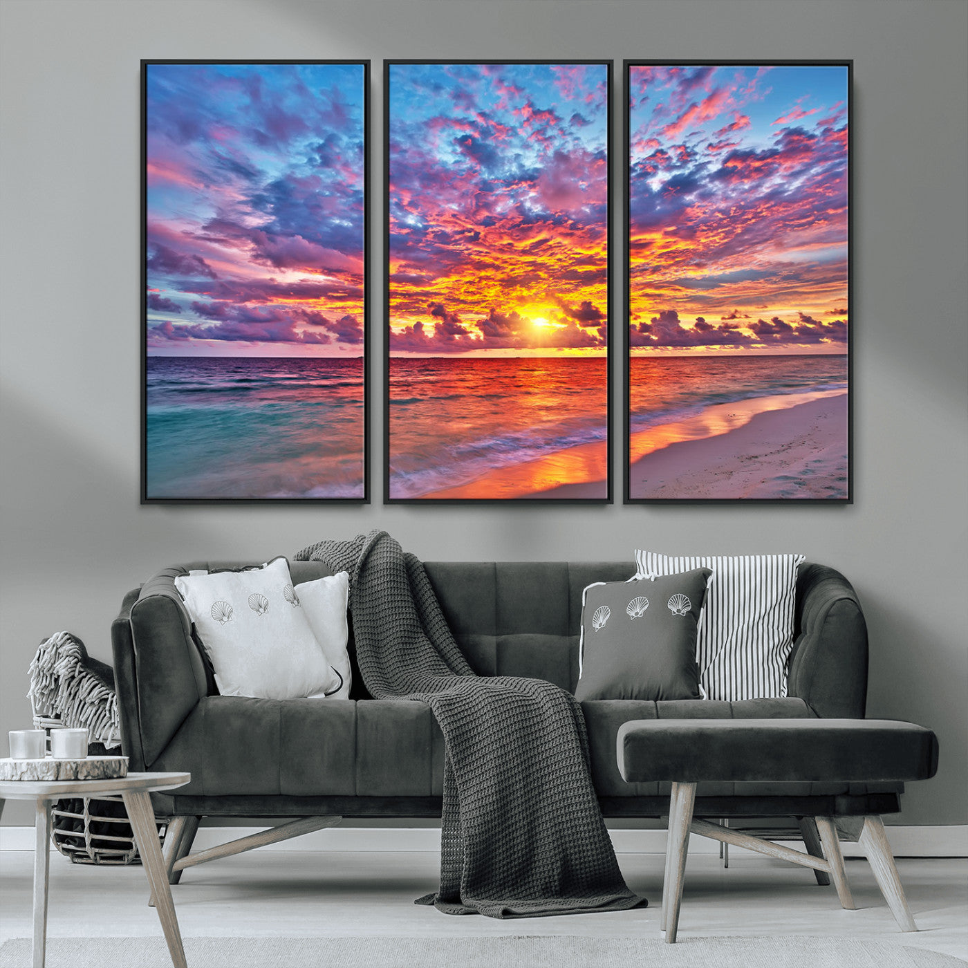 MGV-FC-48X32-3P - Vibrant Sunset Beach Wall Art - Ocean Sunset Canvas Print | Coastal Wall Art Decor Stunning Sunset