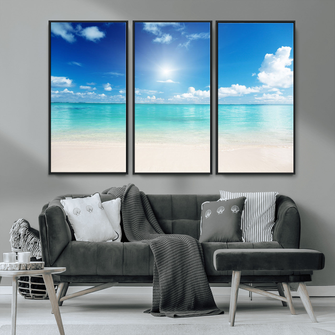 MGV-FC-48X32-3P - Blue Ocean Wall Art Canvas Print - Tranquil Ocean Paradise Triptych Wall Art - Ready to Hang Beach