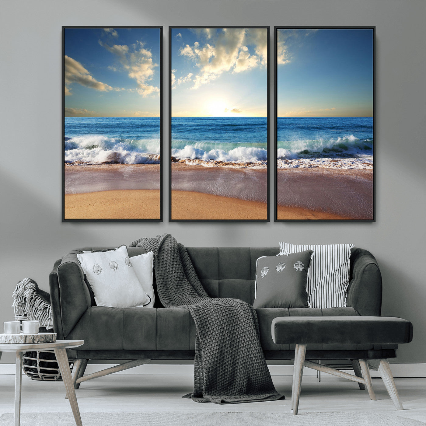 MGV-FC-48X32-3P - Serene Ocean Sunset Canvas Wall Art - Beach Waves at Sunset, Ready to Hang