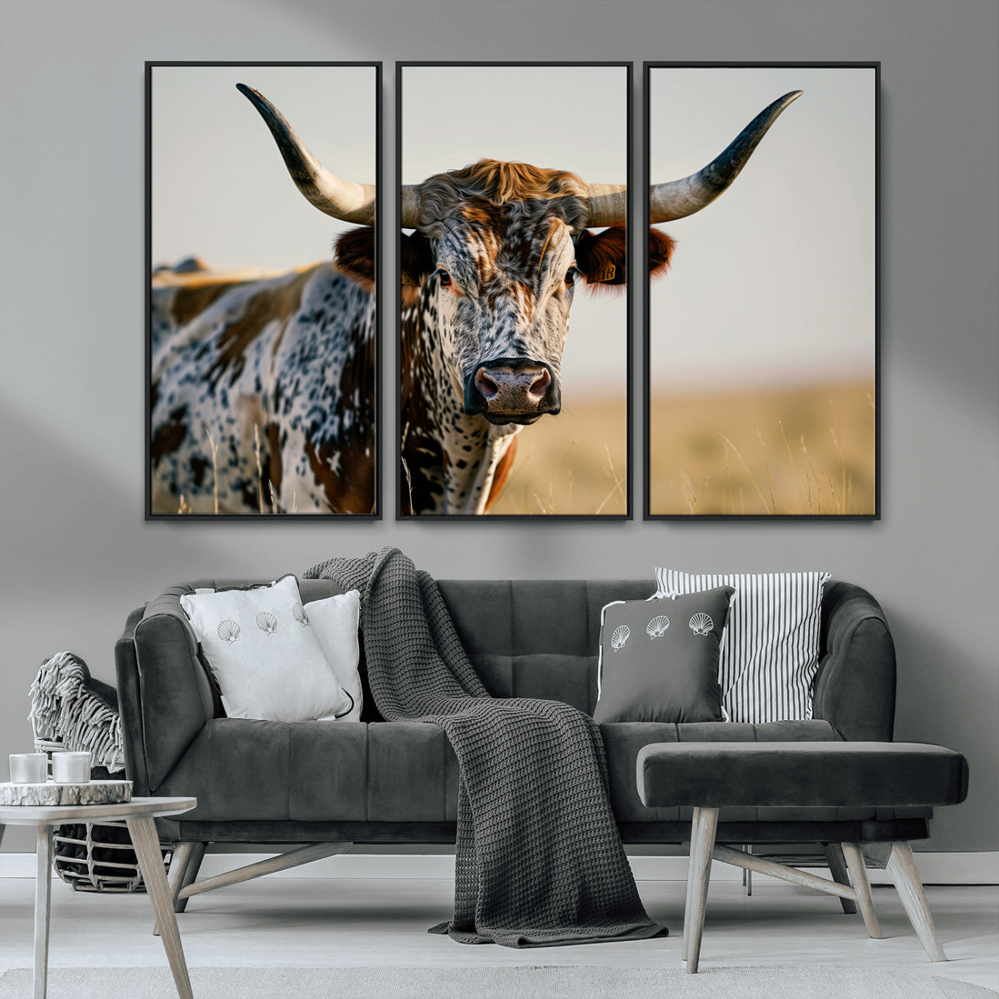 MGV-FC-48X32-3P - Texas Bull Longhorn Wall Art Canvas Print for Farm House Wall Decor, Farmhouse Wall Art Print