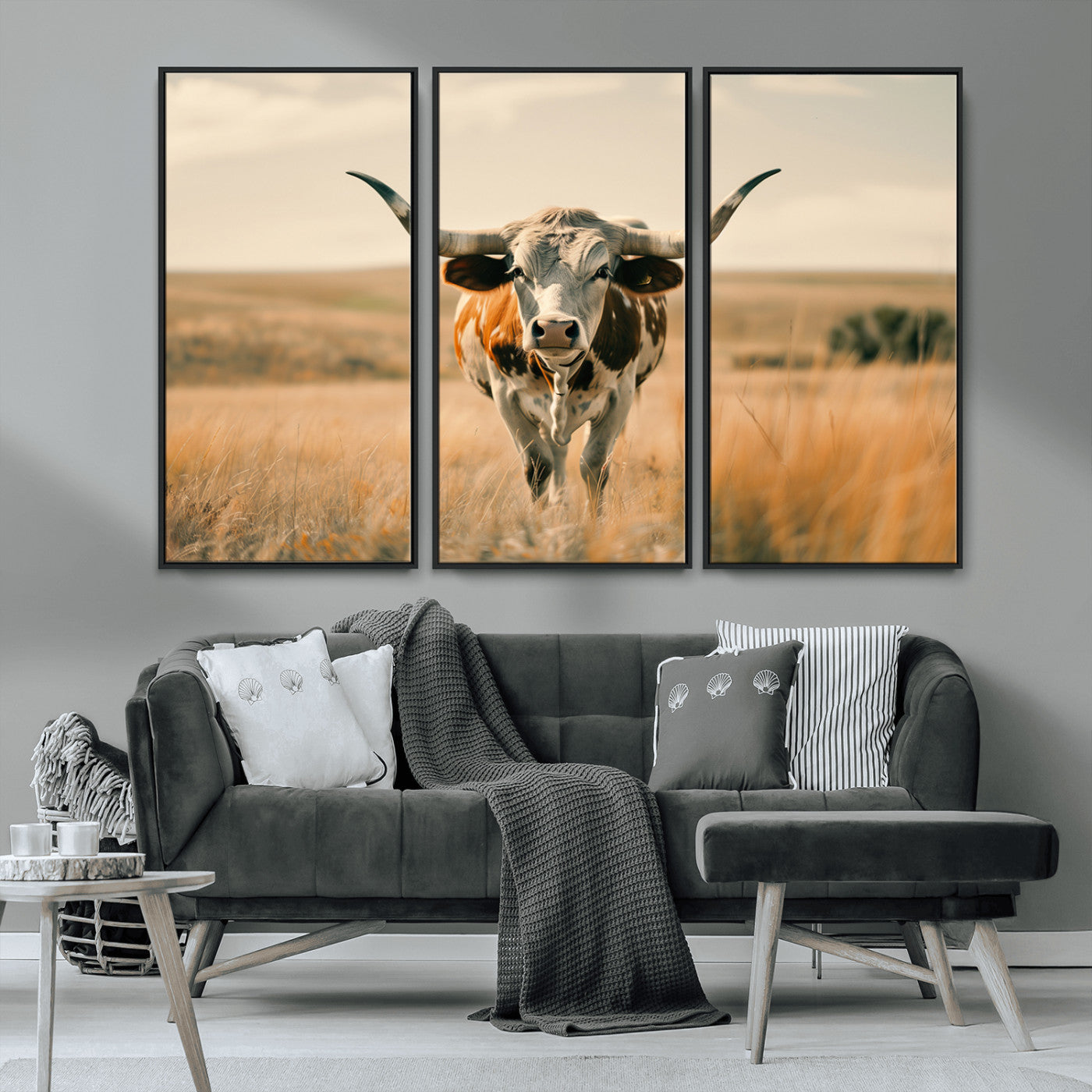 MGV-FC-48X32-3P - Texas Cow Wall Art Canvas Print for Farm House Wall Decor, Farmhouse Wall Art Print