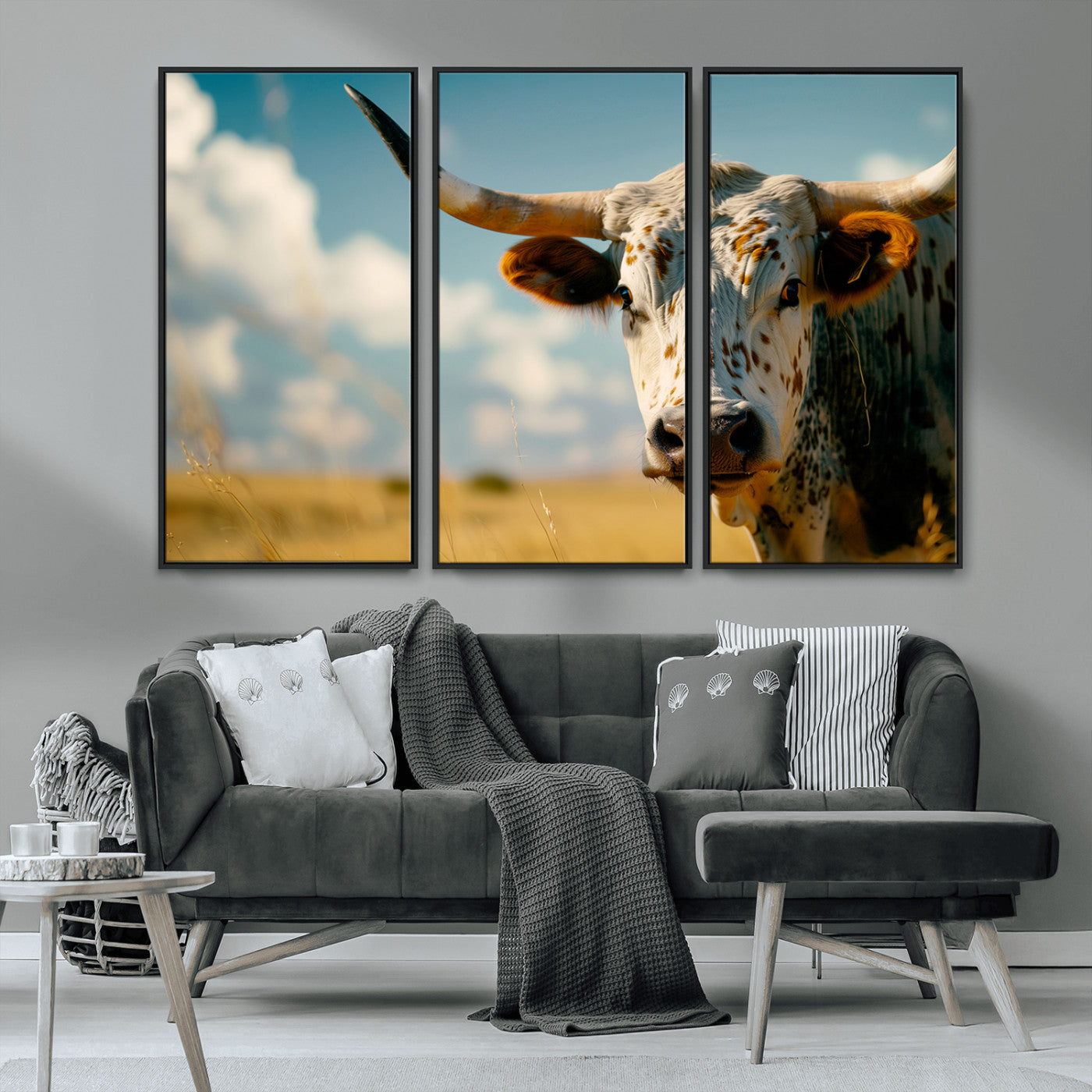 MGV-FC-48X32-3P - Longhorn in the Prairie - Stunning Ranch-Style Triptych Wall Art for Western Home Decor, Cowboy Wall