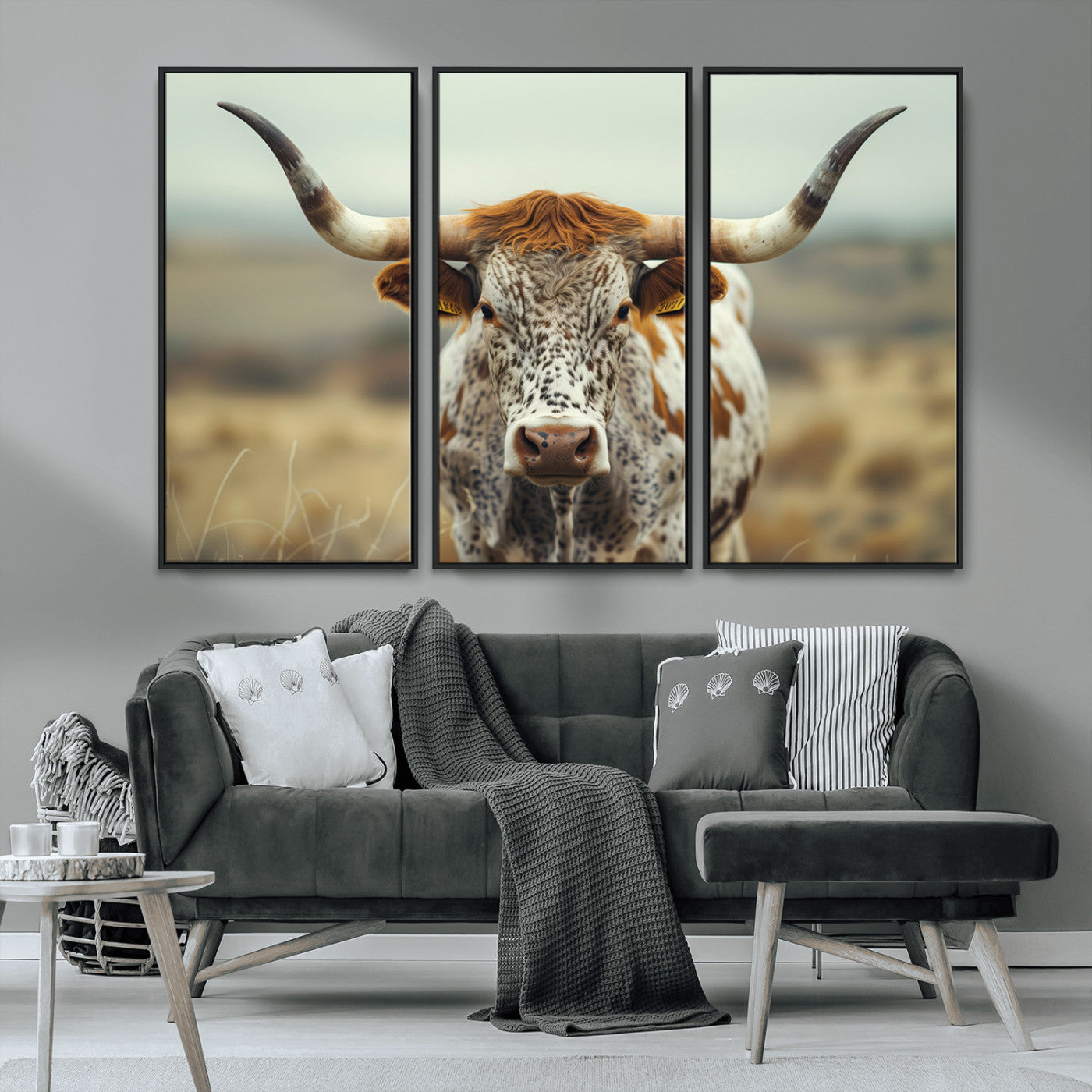 MGV-FC-48X32-3P - Texas Cow Longhorn Wall Art Canvas Print for Farm House Wall Decor, Farmhouse Wall Art Print