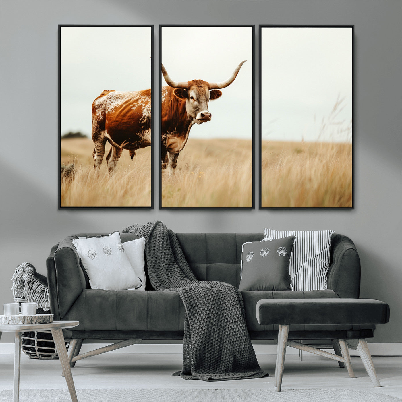 MGV-FC-48X32-3P - Texas Longhorn Canvas Wall Art Print – Majestic Western Cattle in Rustic Farmhouse Decor – Cow Wall