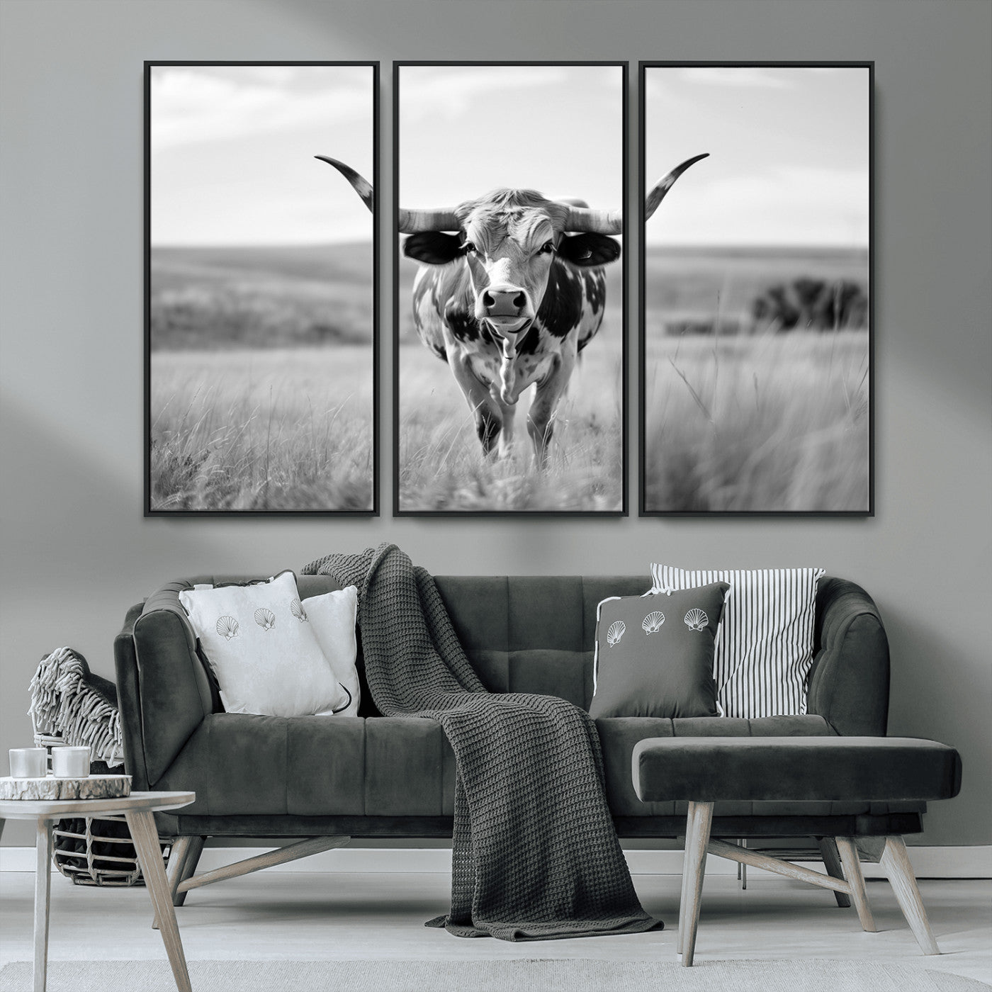 MGV-FC-48X32-3P - Texas Cow Longhorn Wall Art Canvas Print for Farm House Wall Decor, Farmhouse Wall Art Print