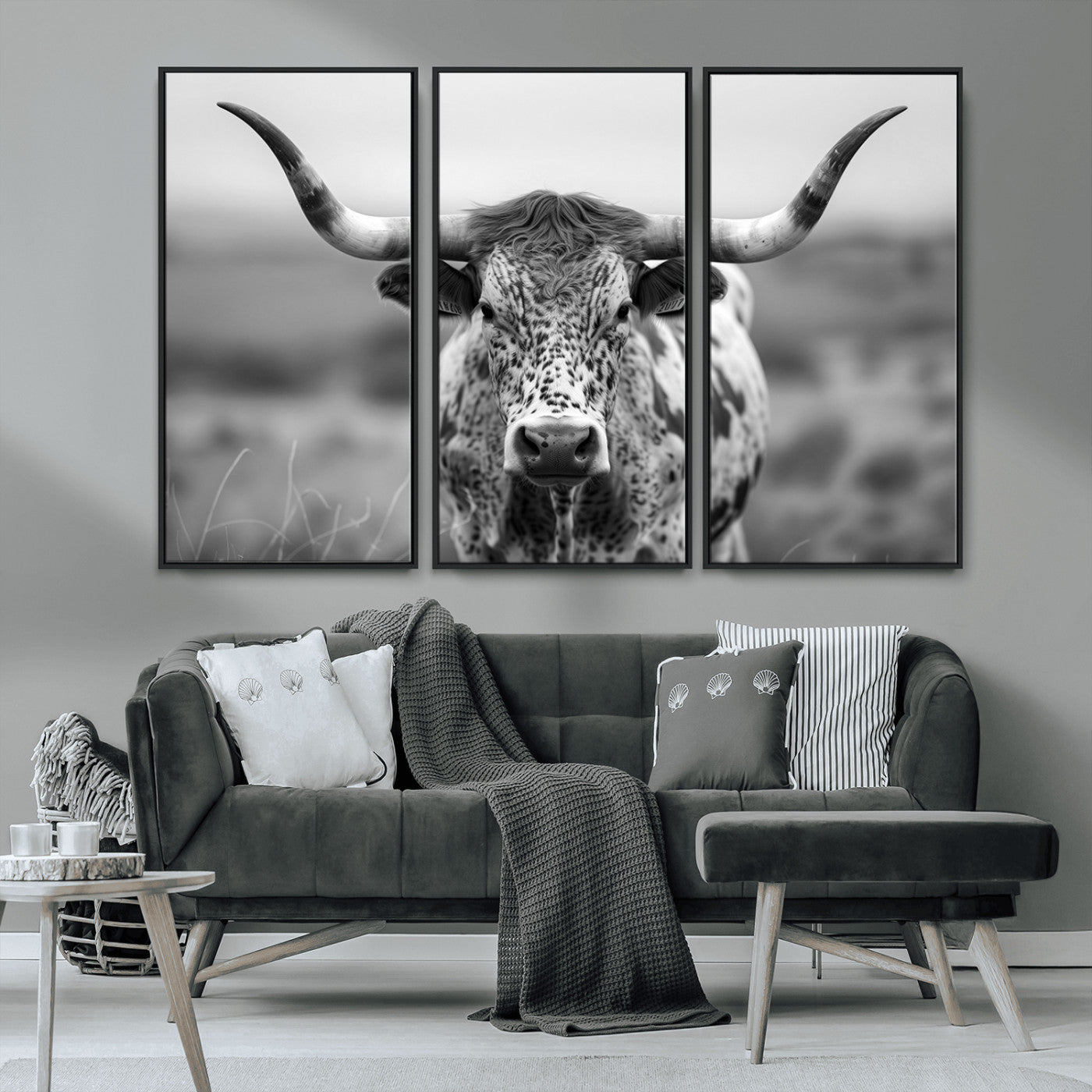 MGV-FC-48X32-3P - Texas Cow Longhorn Wall Art Canvas Print for Farm House Wall Decor, Farmhouse Wall Art Print