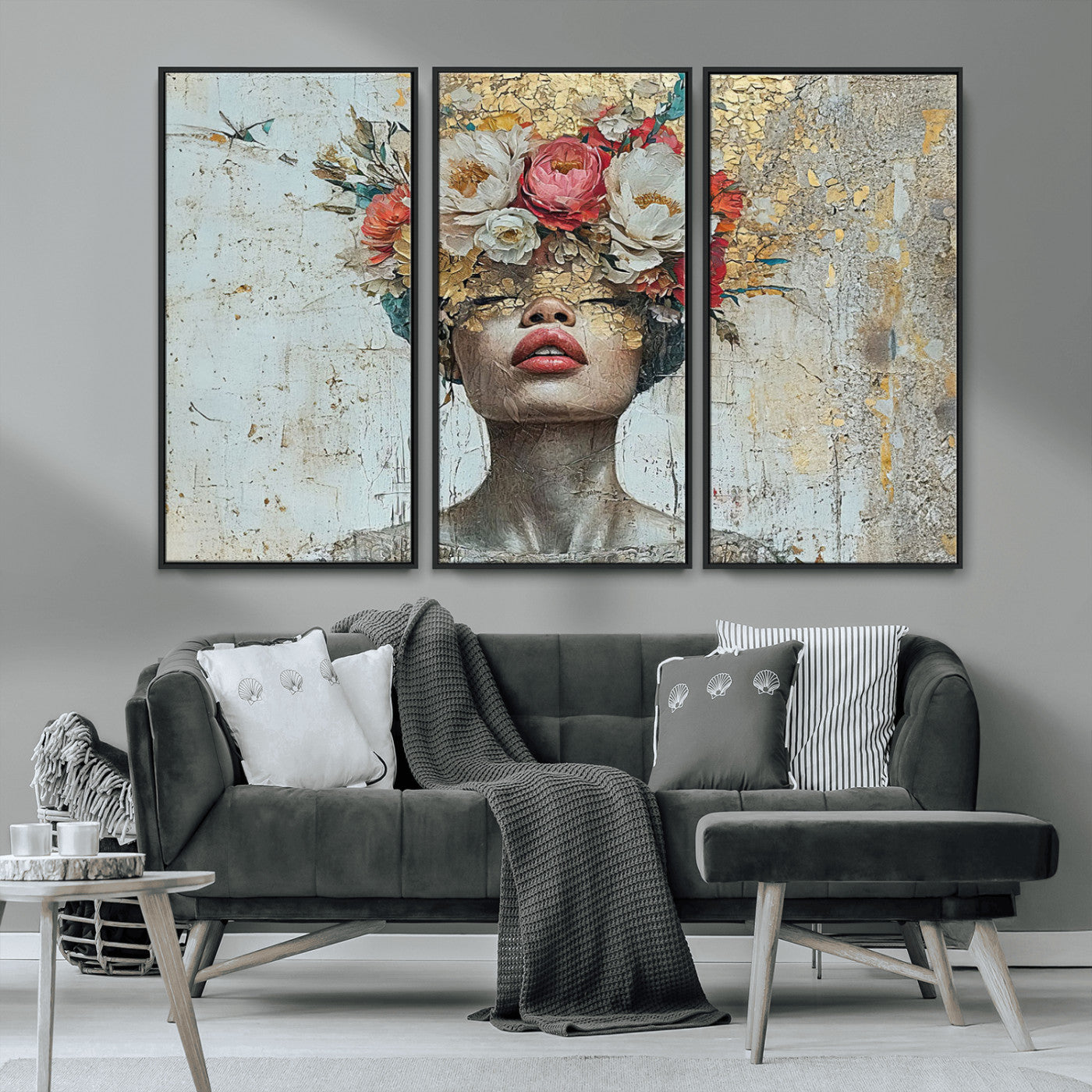 MGV-FC-48X32-3P - Golden Petal Wall Art Canvas Print - Silhouette Woman Wall Art Canvas Print, Floral Woman Portrait