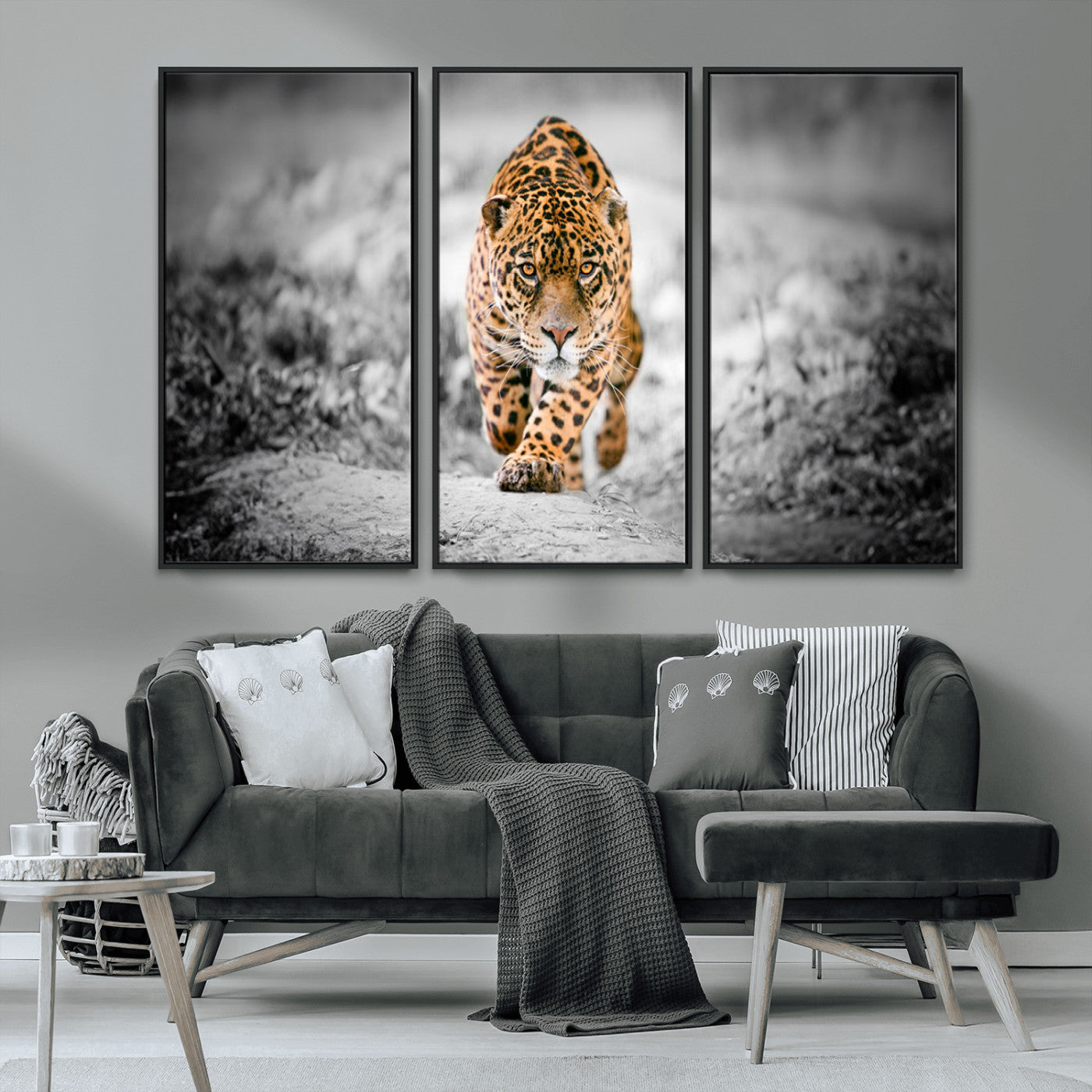 MGV-FC-48X32-3P - Jaguar Wall Art Canvas Print - Majestic Big Cat in Focused Pursuit - Ready to Hang