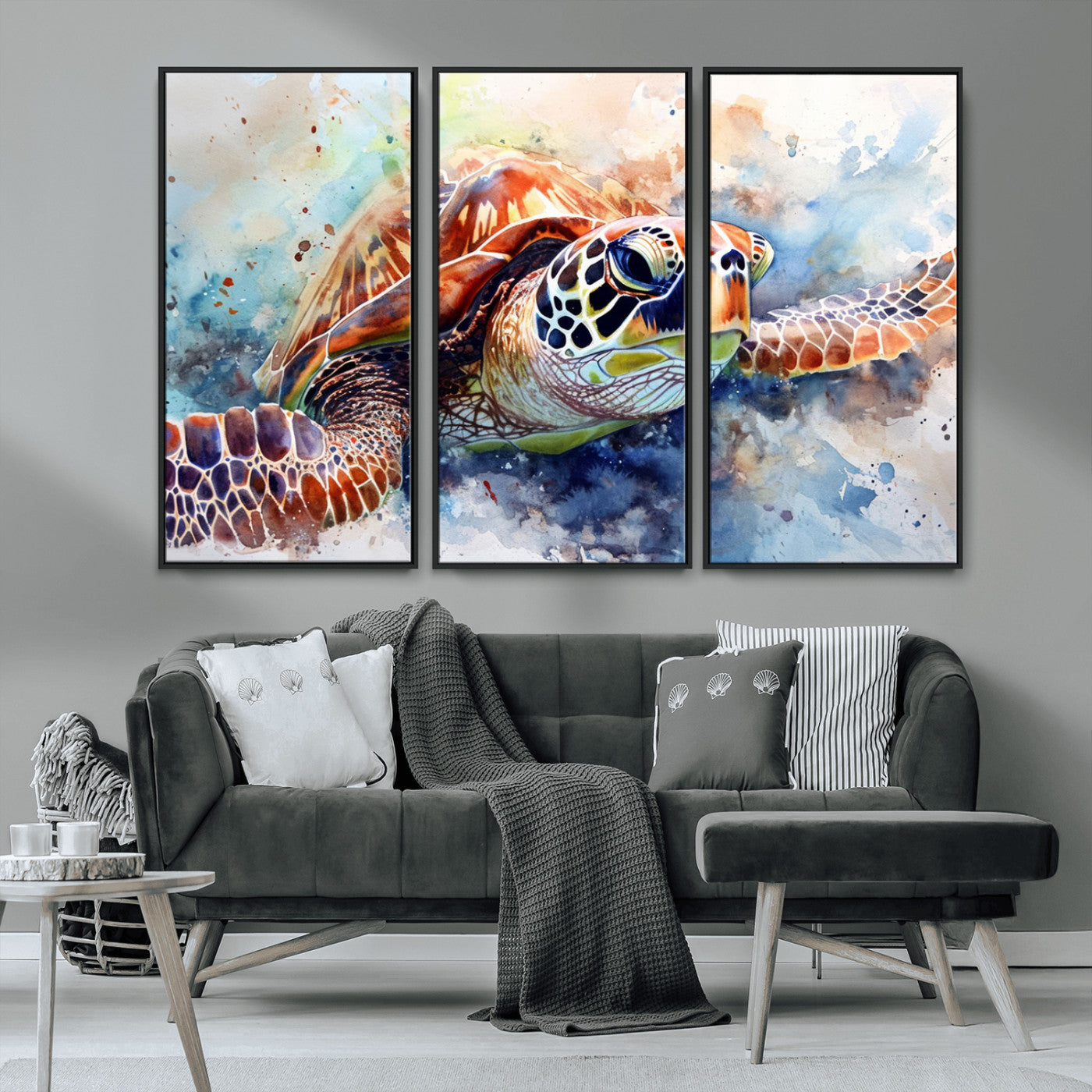 MGV-FC-48X32-3P - Watercolor Sea Turtle Wall Art Canvas Print - Vibrant Ocean Colors in Watercolor Style - Ready to