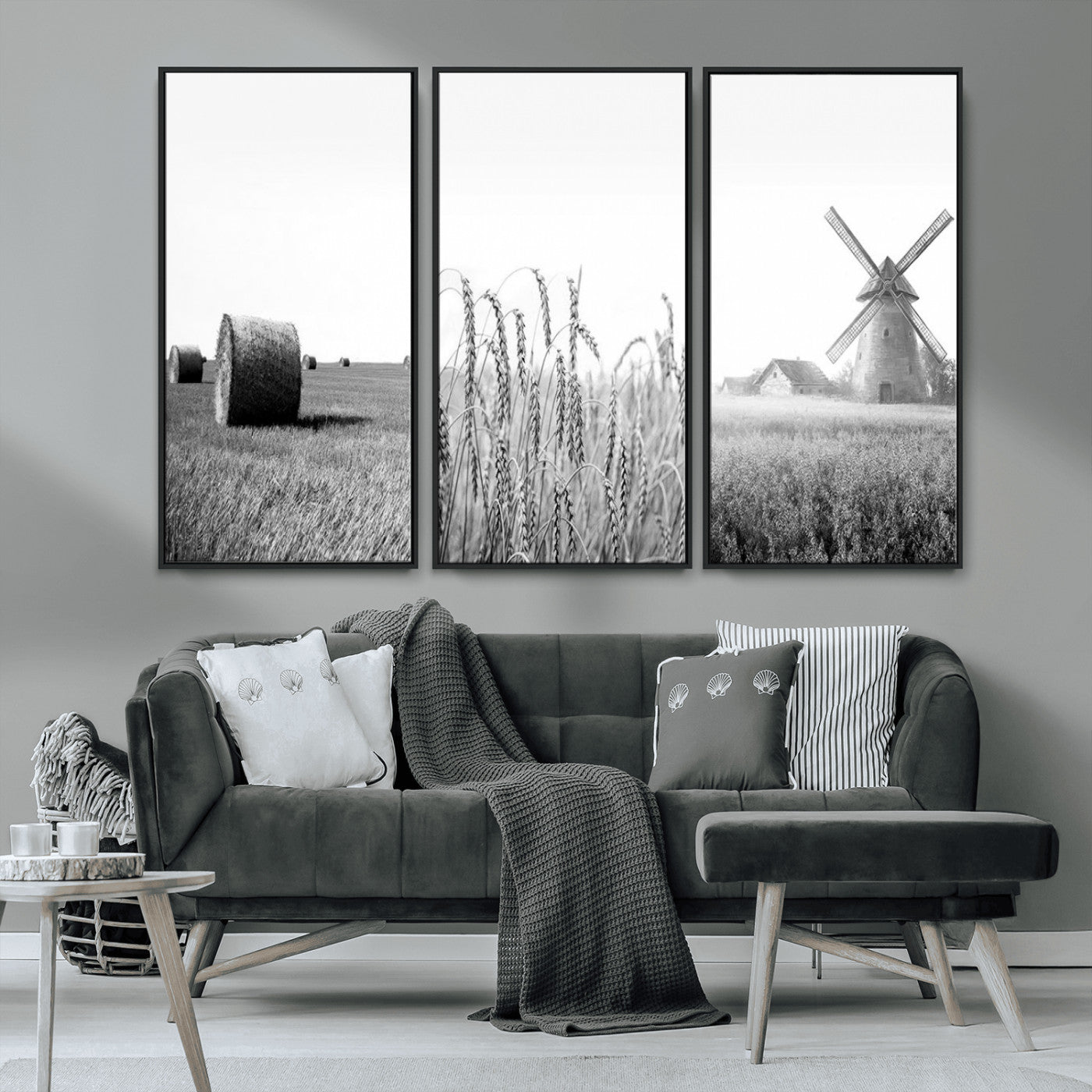 MGV-FC-48X32-3P - Vintage Farmhouse Black and White Triptych Wall Art – Giclee Canvas Featuring Wheat Fields, Hay