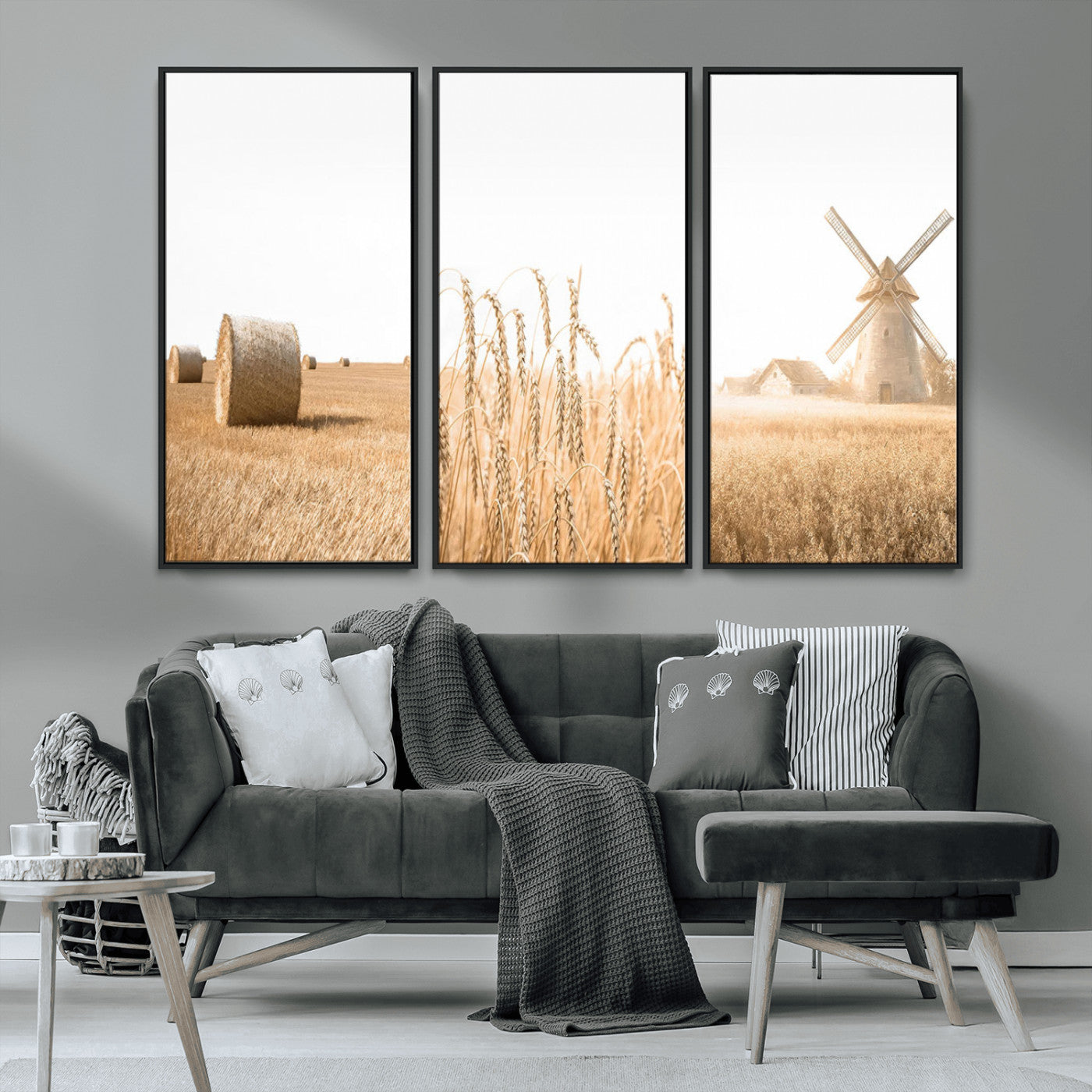 MGV-FC-48X32-3P - Vintage Farmhouse Triptych Wall Art – Giclée Canvas Featuring Wheat Fields, Hay Bales, and a