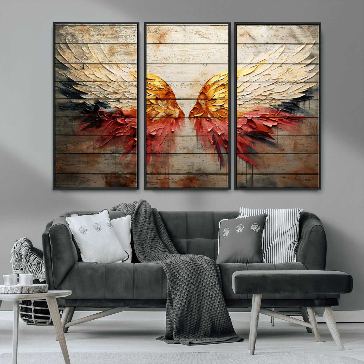 MGV-FC-48X32-3P - Abstract Angel Wings Canvas Wall Art – Framed and Ready to Hang Modern Angelic Wings Decor for