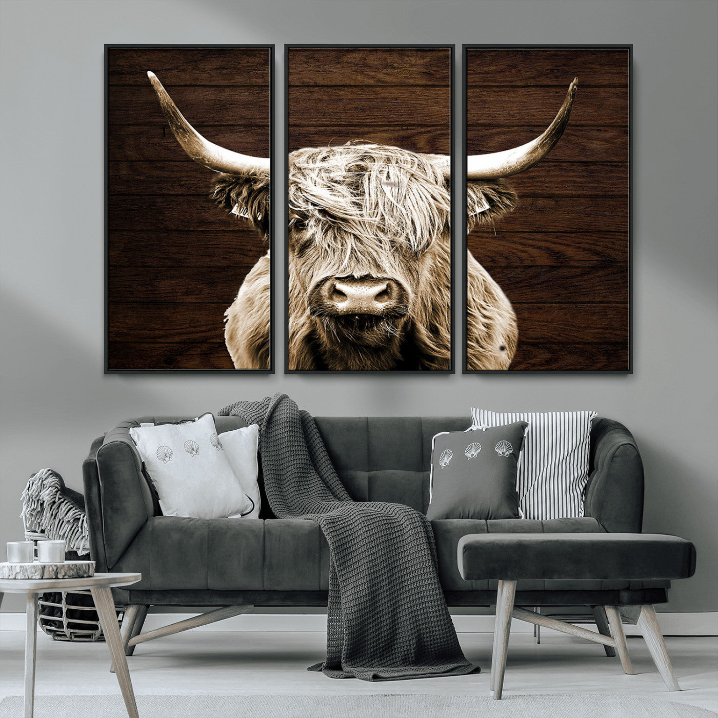 MGV-FC-48X32-3P - Highland Cow Wall Art Canvas Print, Rustic Farmhouse Decor, Majestic Scottish Highland Bull Portrait