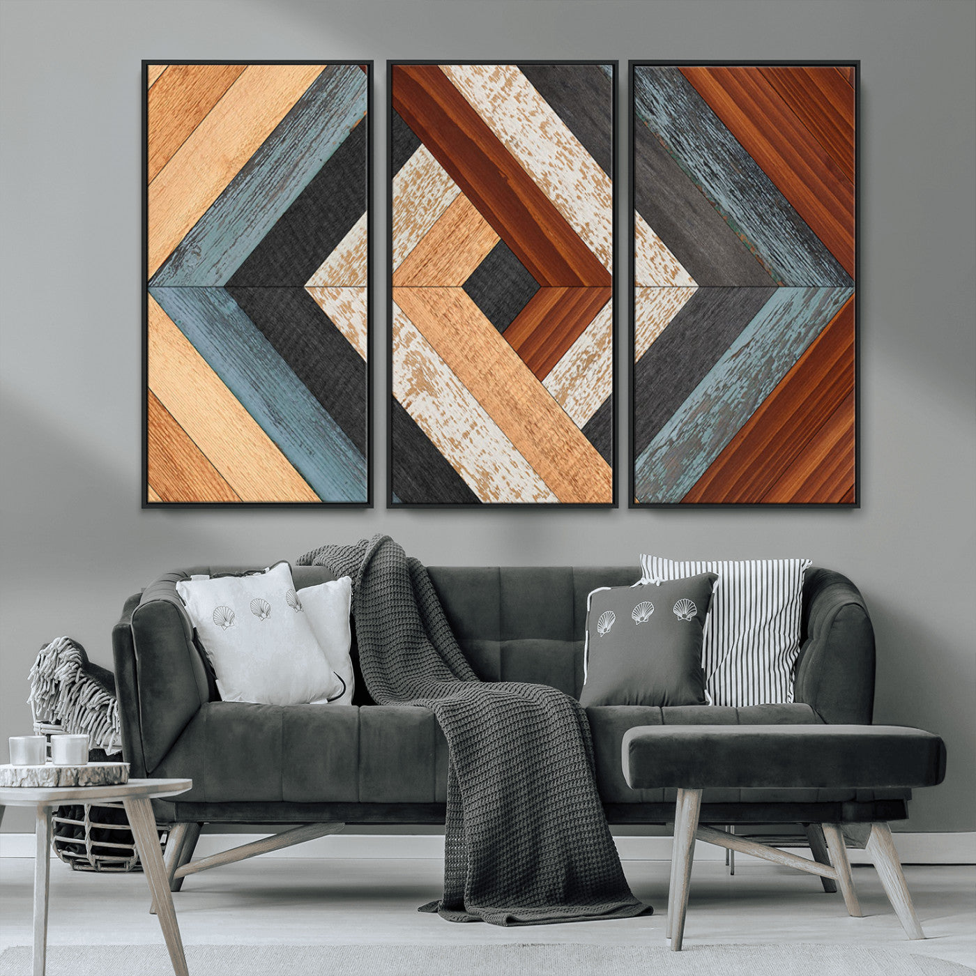 MGV-FC-48X32-3P - Geometric Wood Art Wall Decor Canvas Print, Rustic Wooden Pattern Triptych Wall Art for Living Room