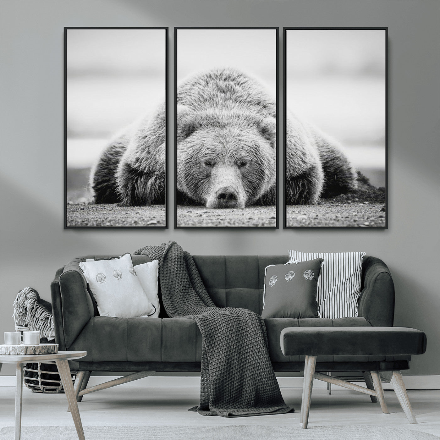 MGV-FC-48X32-3P - Resting Grizzly Bear Wall Art Canvas Print – Majestic Lazy Black and White Wildlife Bear Art,