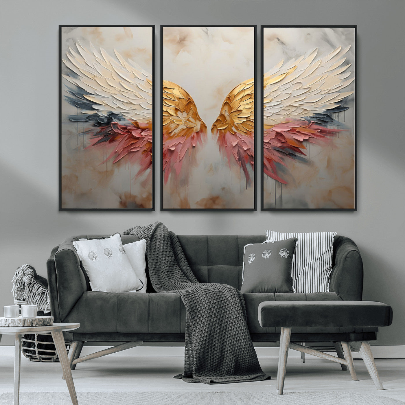 MGV-FC-48X32-3P - Golden Angel Wings Wall Art Canvas Print – Stunning Abstract Winged Art for Elegant Home Decor –