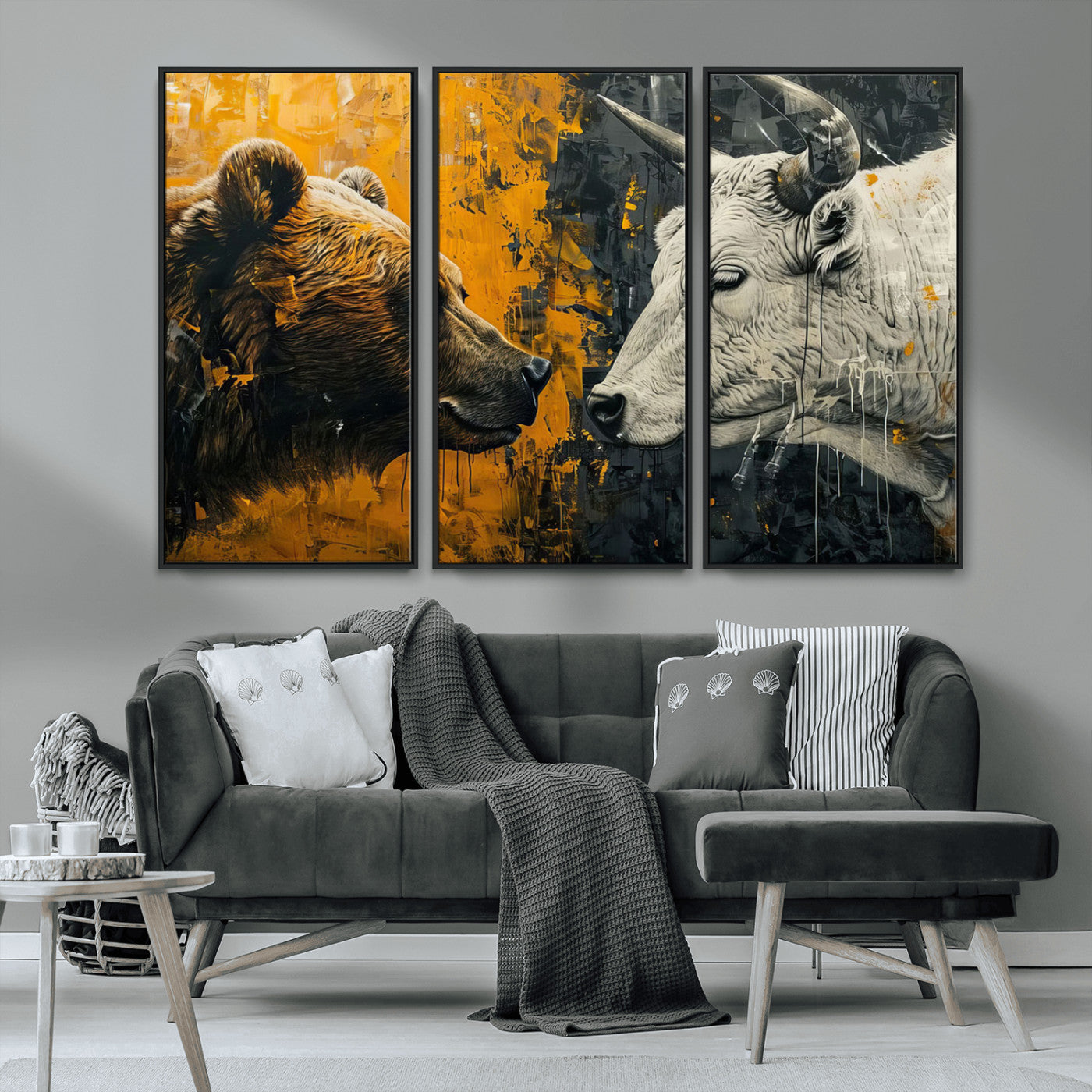 MGV-FC-48X32-3P - Bear and Bull Wall Art Canvas Print – Abstract Animal Portrait Painting for Modern Home Decor –