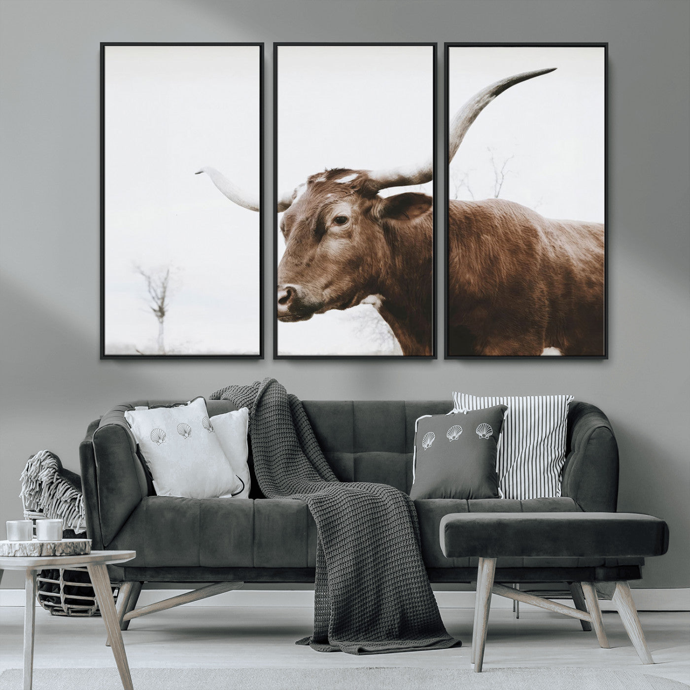 MGV-FC-48X32-3P - Rustic Bull Wall Art Canvas Print – Modern Longhorn Farmhouse Animal Decor – Abstract Farm Cow