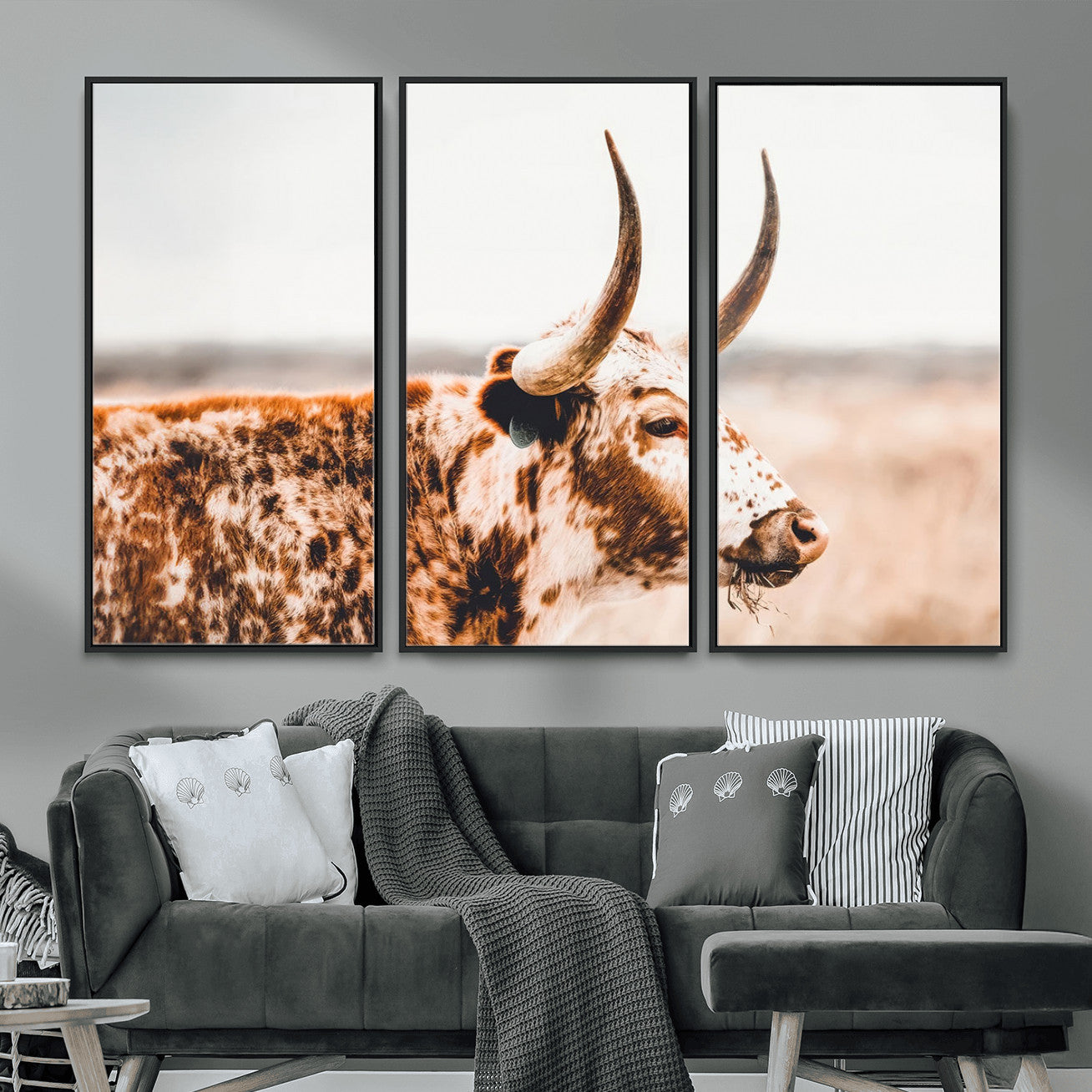 MGV-FC-48X32-3P - Speckled Bull Wall Art Canvas Print – Rustic Cow Longhorn Farmhouse Animal Decor – Western Longhorn