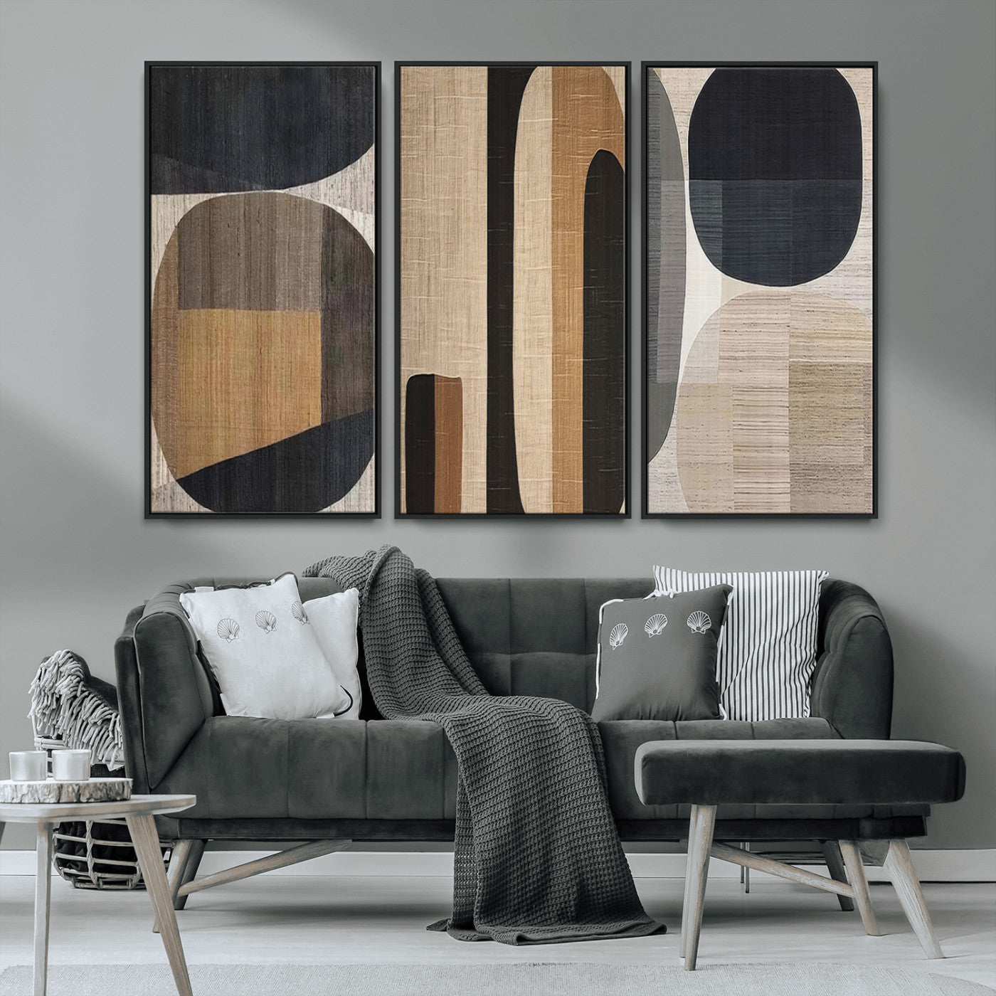 MGV-FC-48X32-3P - Abstract Minimalist Canvas Wall Art - Neutral Geometric Modern Boho Decor, Minimalist Brown Wabi