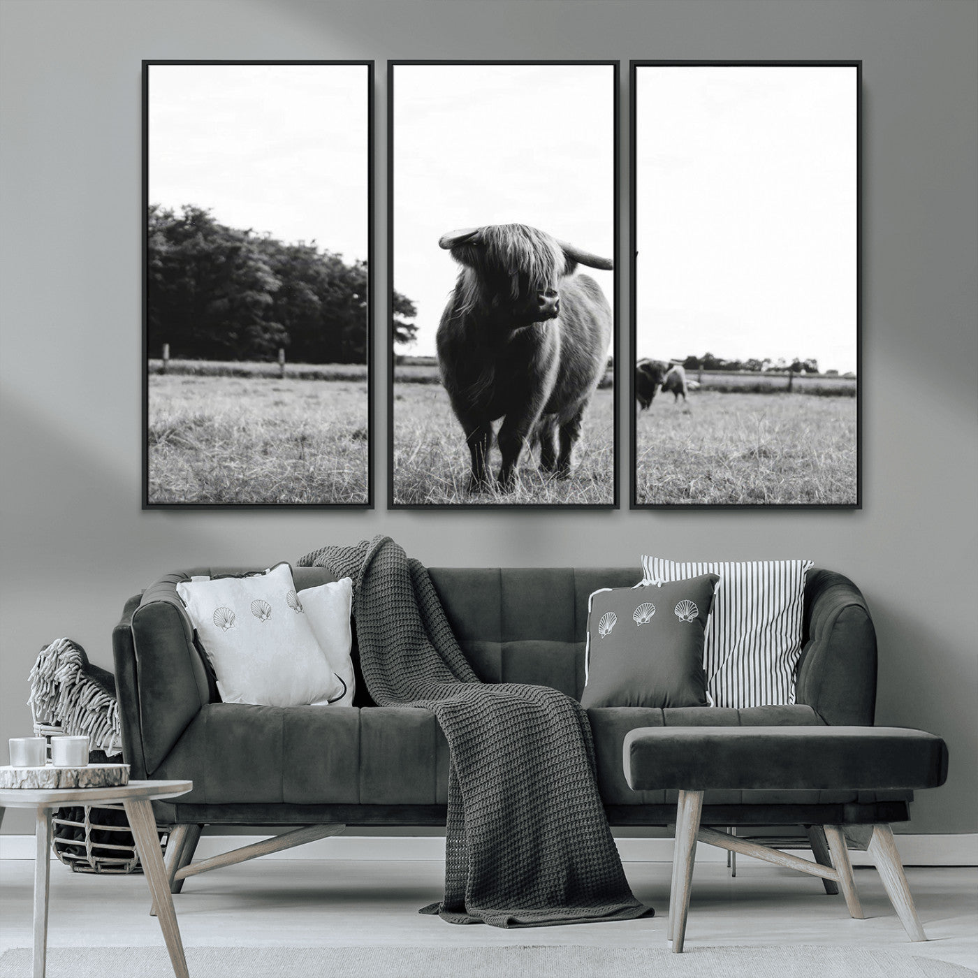 MGV-FC-48X32-3P - Black and White Highland Cow Wall Art Canvas Print | Rustic Western Decor for Living Room or Office,
