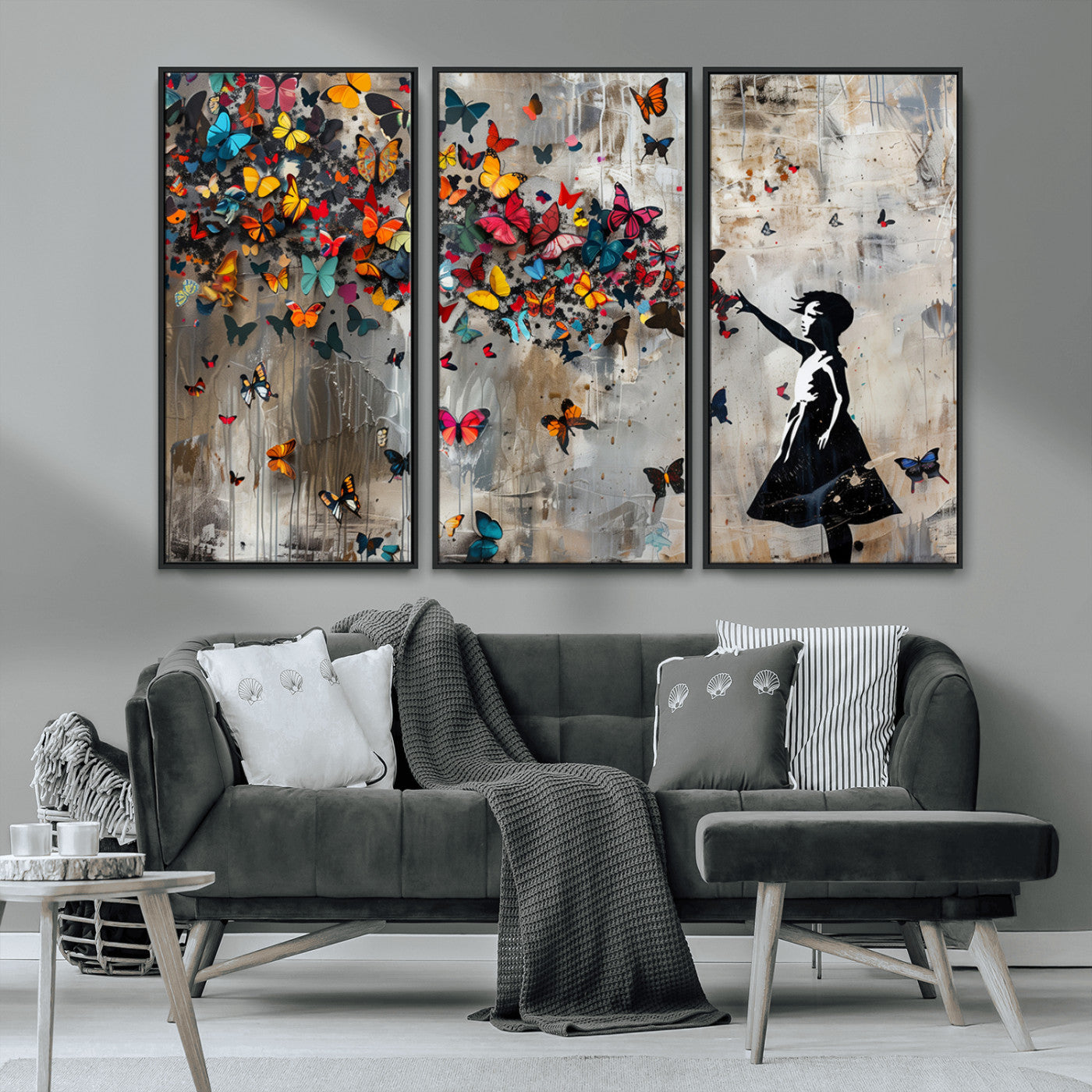 MGV-FC-48X32-3P - Banksy Wall Art - Banksy Girl and Butterfly Explosion Wall Art Canvas Print | Girl with Butterflies