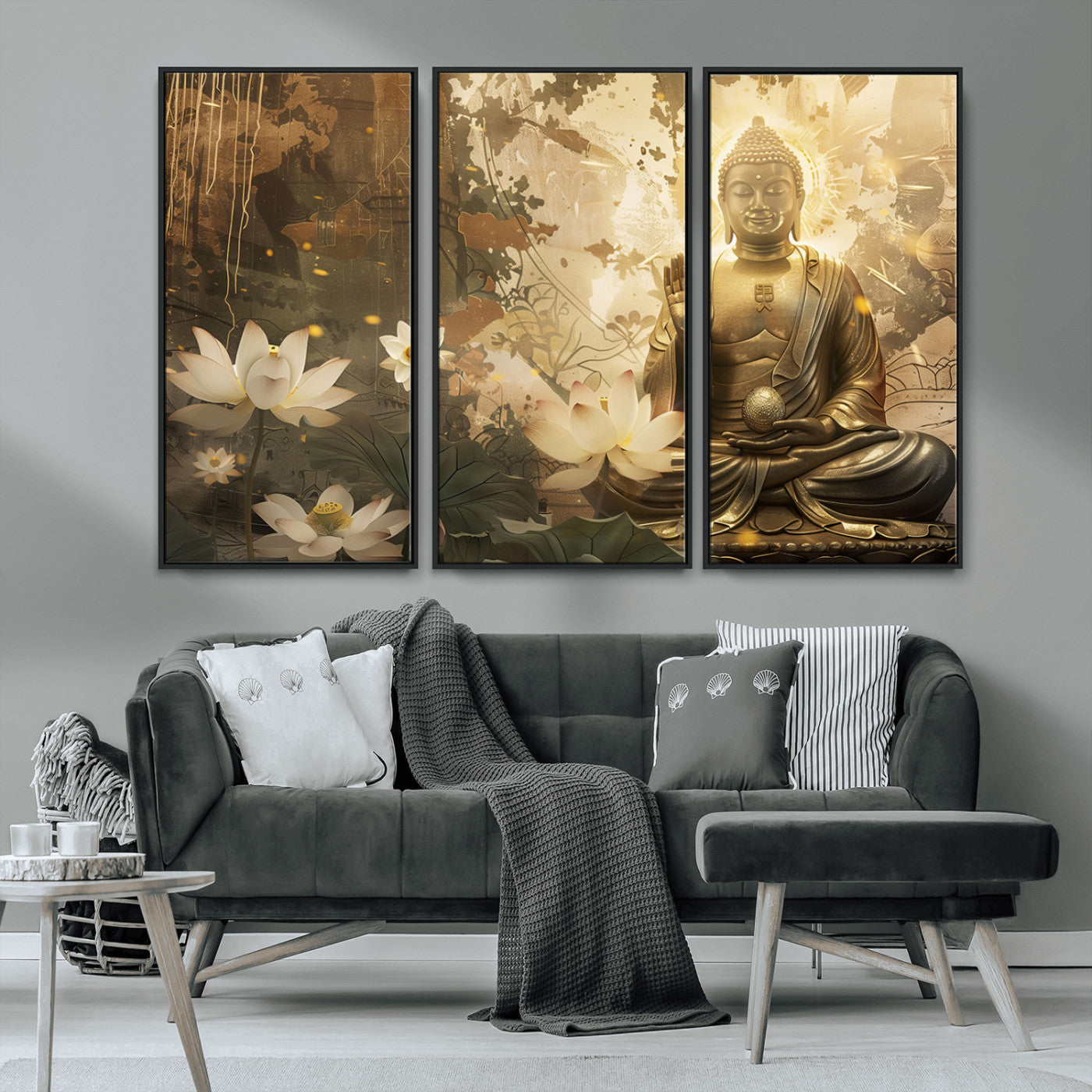 MGV-FC-48X32-3P - Zen Buddha Wall Art Canvas Print | Peaceful Meditation Decor with Lotus Flowers | Spiritual Serenity