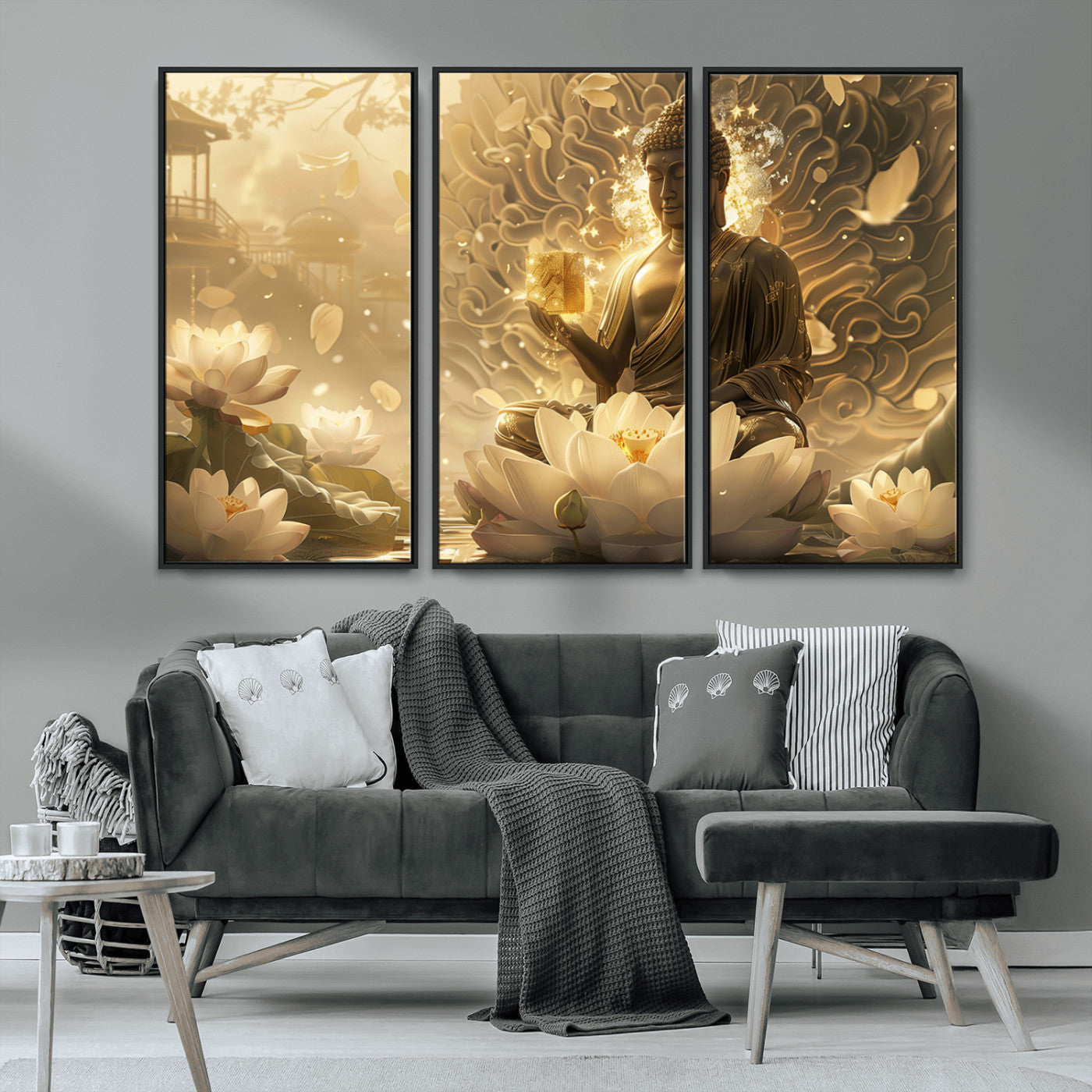 MGV-FC-48X32-3P - Golden Buddha Wall Art | Yoga Room Decor and Meditation Room Wall Art | Framed and Ready to Hang