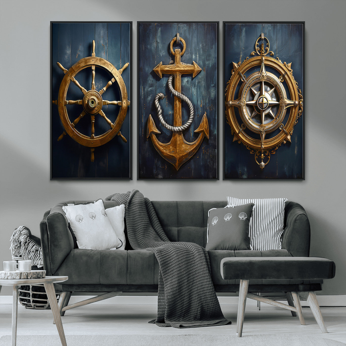 MGV-FC-48X32-3P - Boat Anchor Compass With Rope Wall Art Canvas Print | Beach House Wall Art