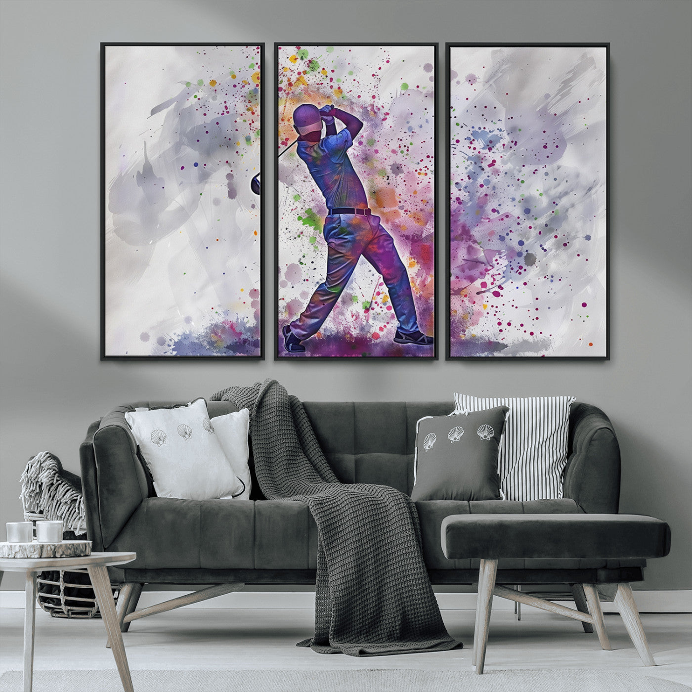 MGV-FC-48X32-3P - Watercolor Golf Swing Wall Art Canvas Print | Vibrant Abstract Golf Player Silhouette |