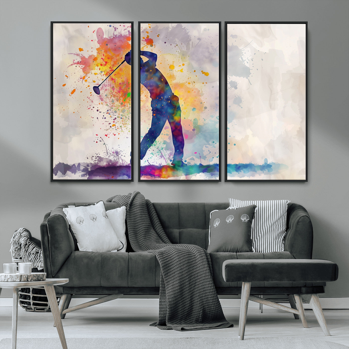 MGV-FC-48X32-3P - Watercolor Golf Swing Wall Art Canvas Print | Vibrant Abstract Golf Player Silhouette |