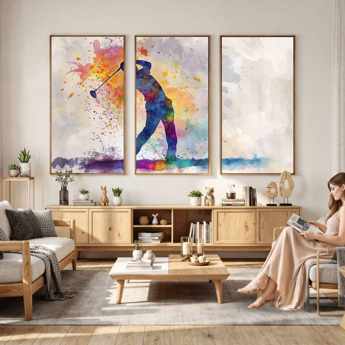 89625-MGV-CV-36X24 - Vibrant Watercolor Golf Swing Wall Art Canvas Print | Extra Large 3 Piece Canvas Wall Art