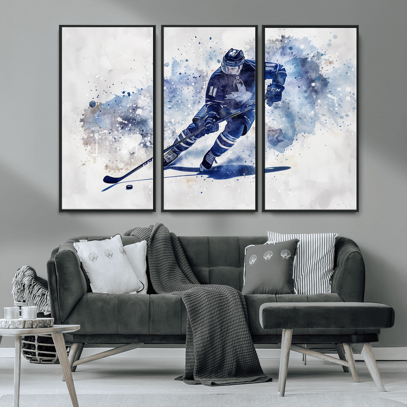 MGV-FC-48X32-3P - Hockey Player Wall Art Canvas Print - Sports-Inspired Watercolor Decor - Ready to Hang
