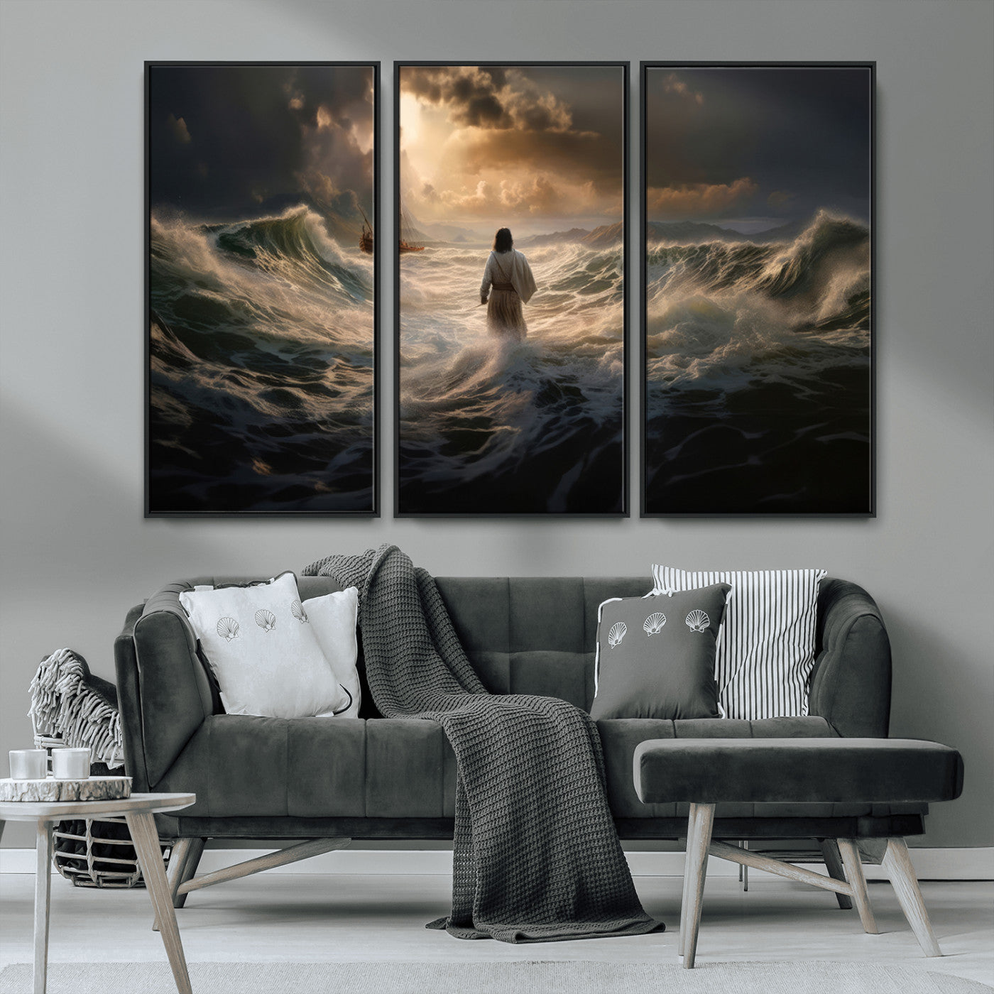 MGV-FC-48X32-3P - Jesus Walking on Water Wall Art Canvas Print - Religious Spiritual Decor - Jesus Wall Art Canvas