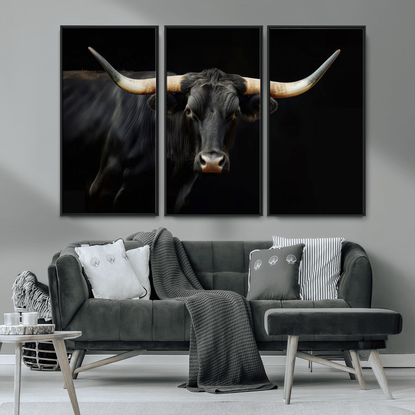 MGV-FC-48X32-3P - Texas Longhorn Cow | Majestic Black Bull Wall Art Canvas Print - Farmhouse Animal Decor - Ready to