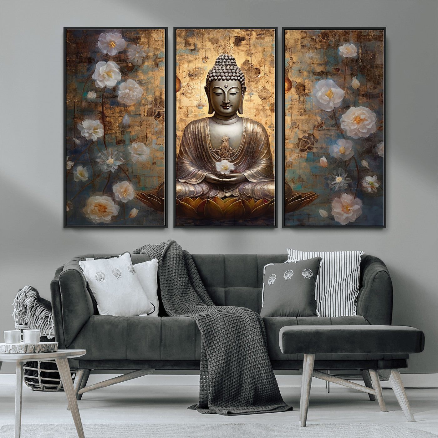 MGV-FC-48X32-3P - Golden Buddha Wall Art Canvas Print | Zen Meditation Floral Decor | Tranquil Spiritual Home Art |