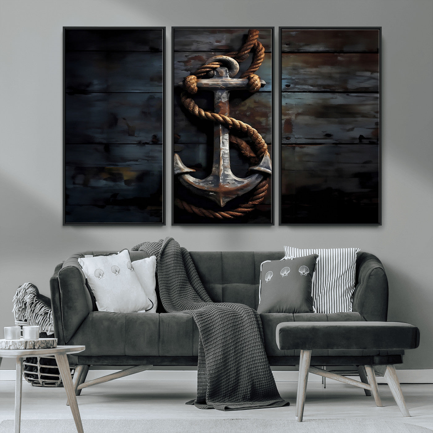 MGV-FC-48X32-3P - 3 Panel Grunge Abstract Anchor Wall Art Canvas Print Set