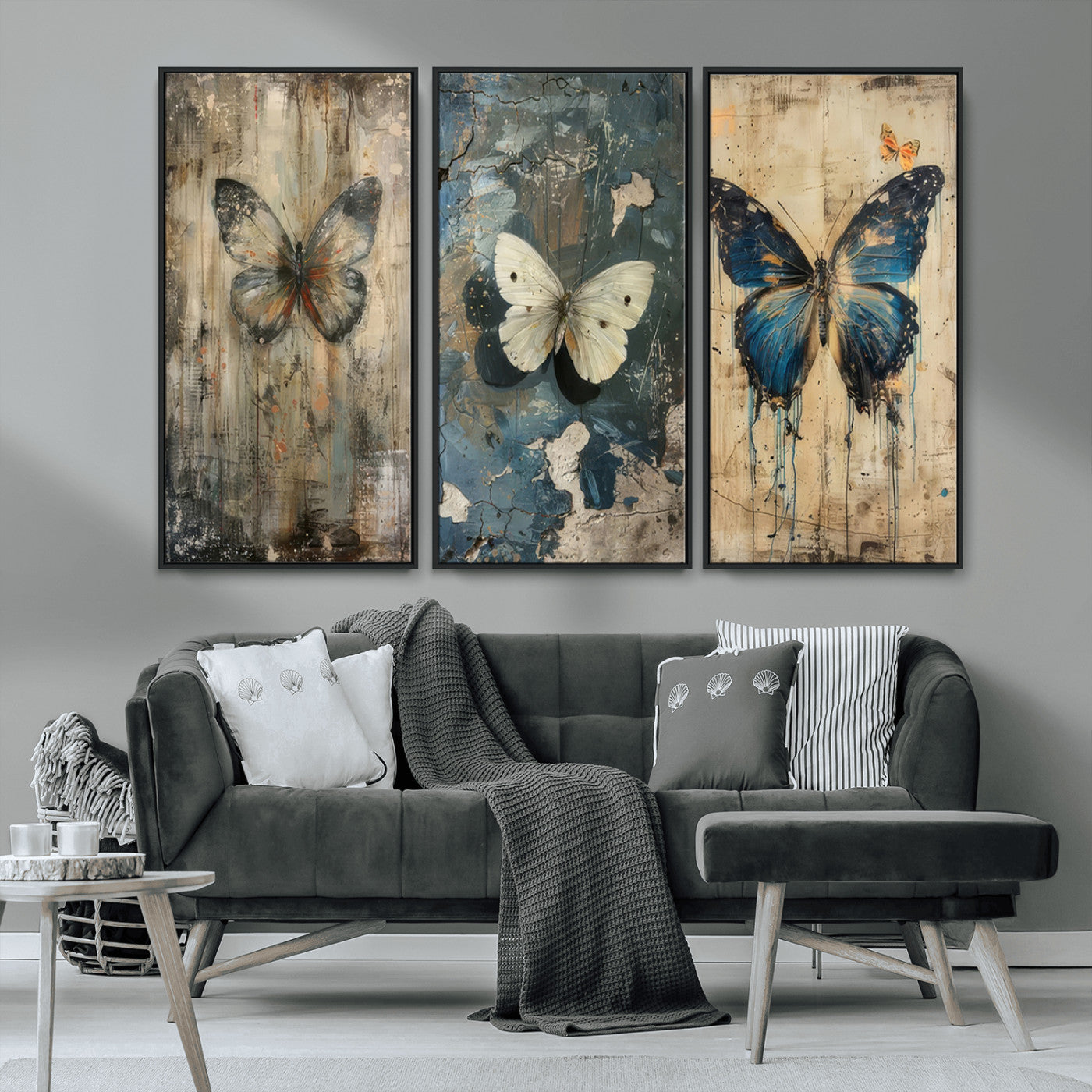 MGV-FC-48X32-3P - Butterfly Wall Art Trio | Vintage Butterfly Canvas Print | Ready to Hang Framed Artwork for