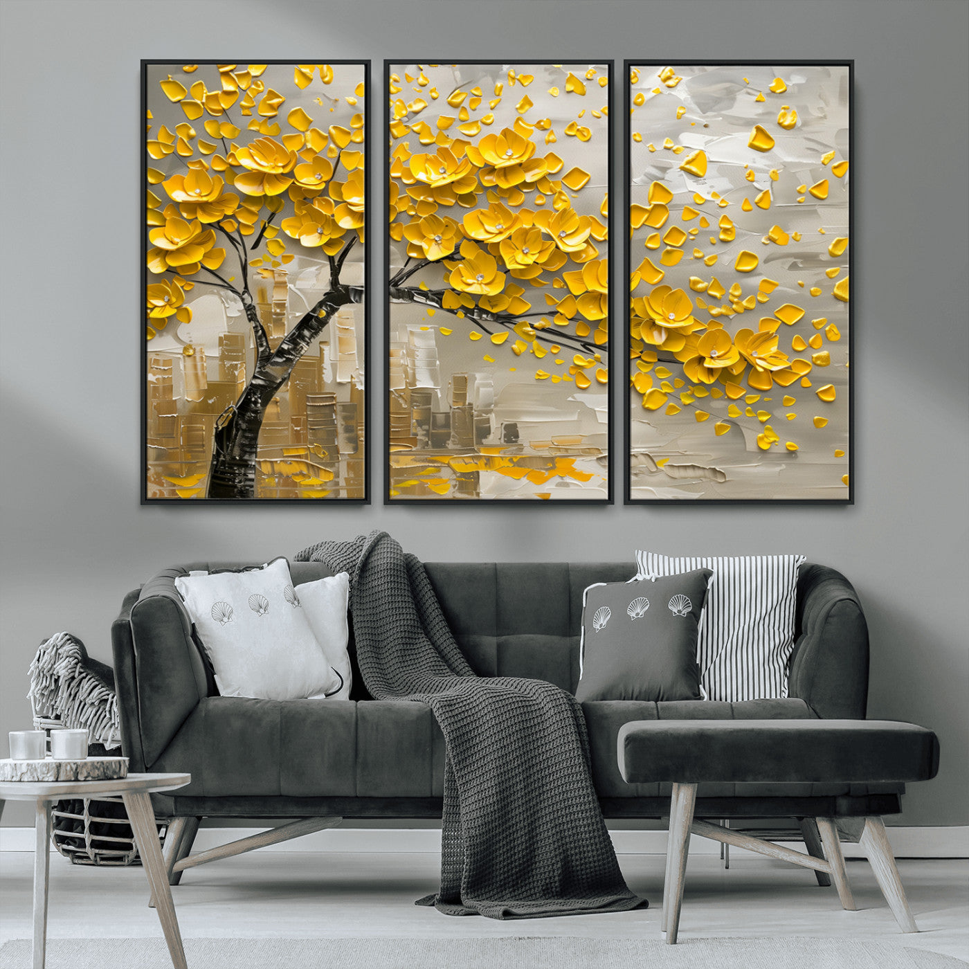 MGV-FC-48X32-3P - Yellow Blossom Tree Canvas Wall Art - Floral Abstract Modern Contemporary Artwork for Living Room or